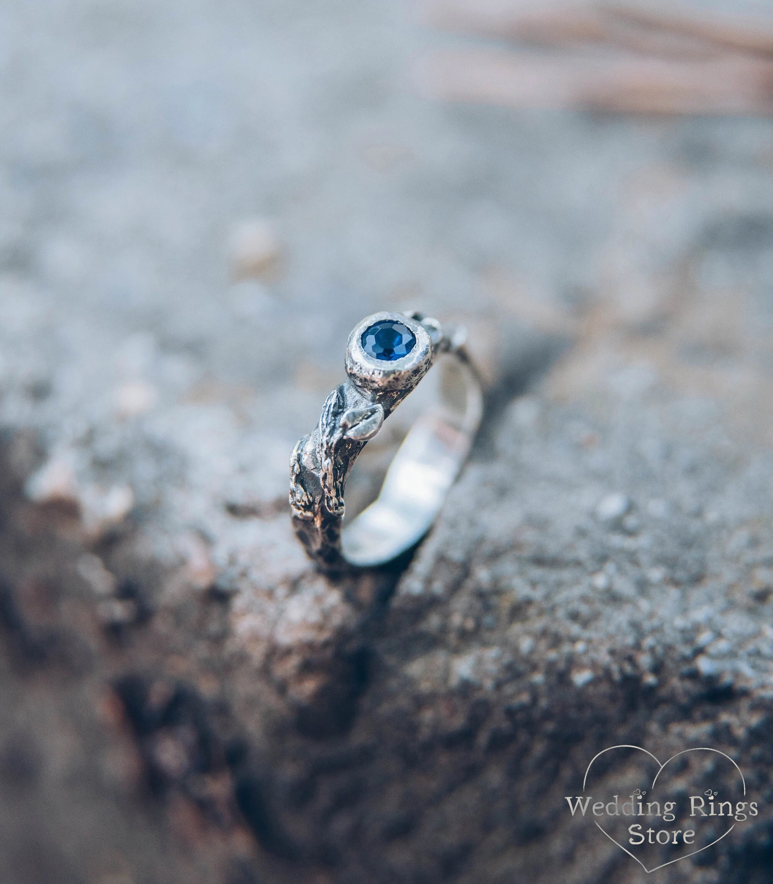 Rock and Branch Hammered Engagement Ring with Sapphire