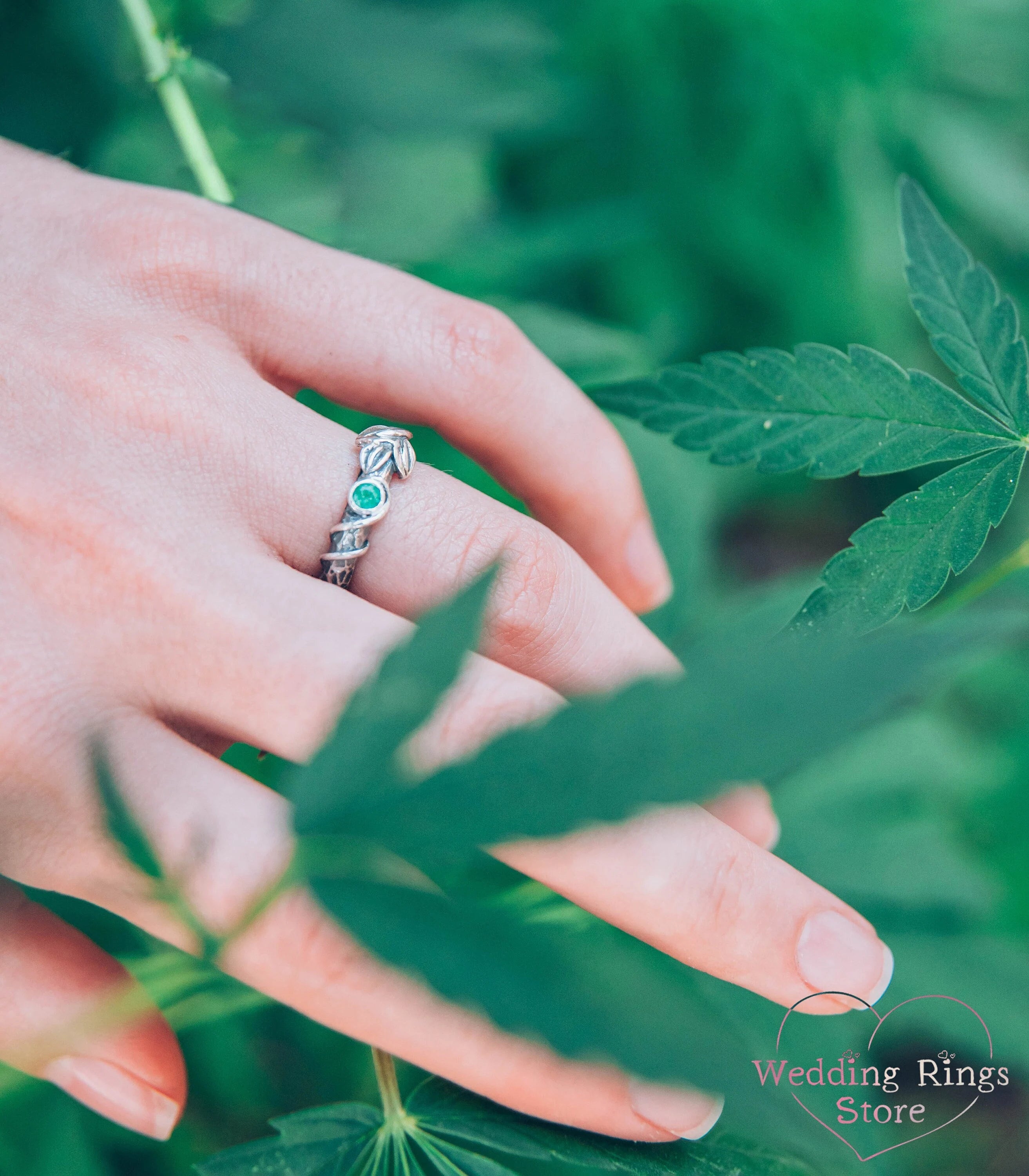 Natural Emerald with Leaf and Vine Silver Hammered Engagement Ring