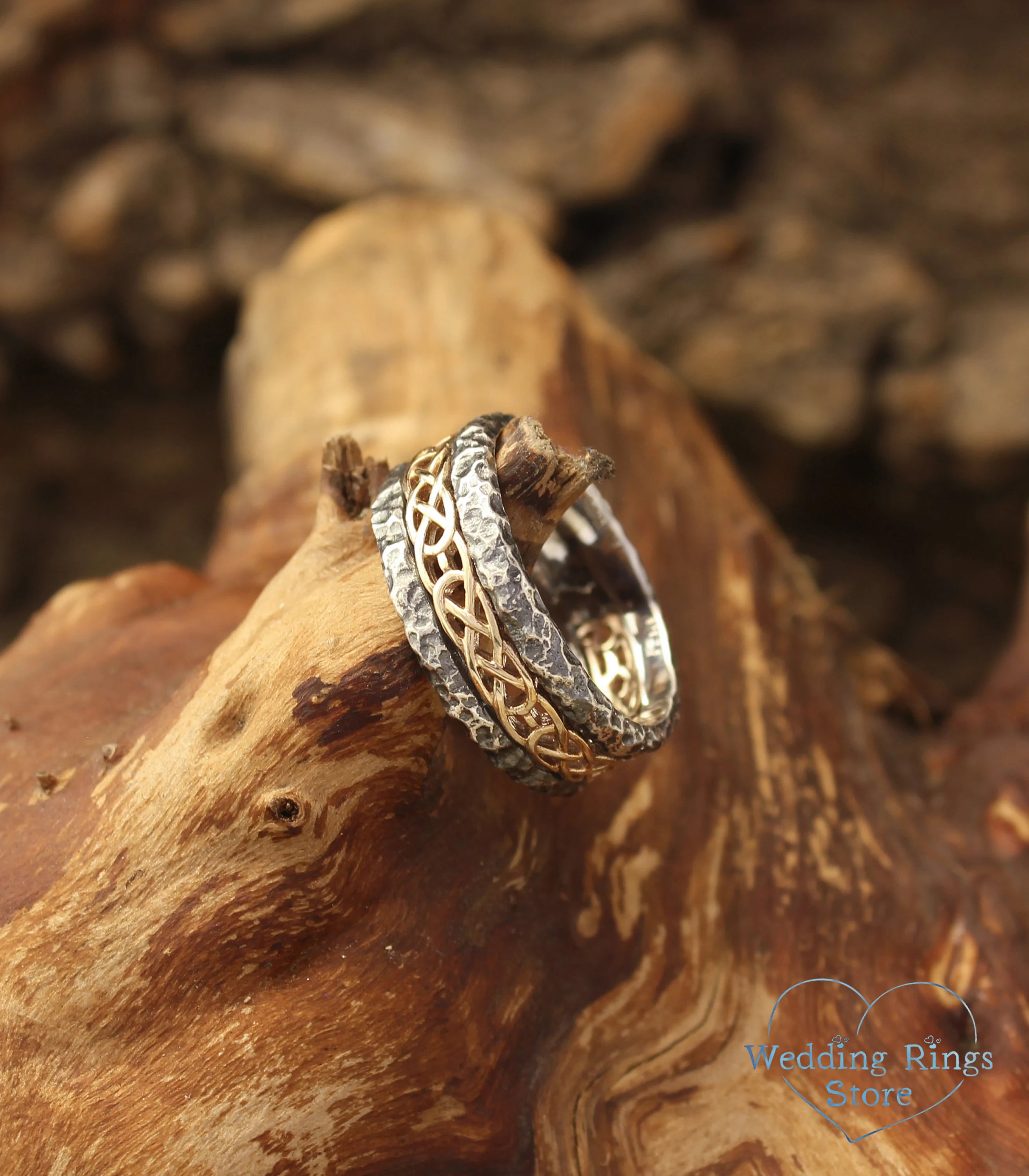 Gold Celtic pattern Hammered Silver Ring