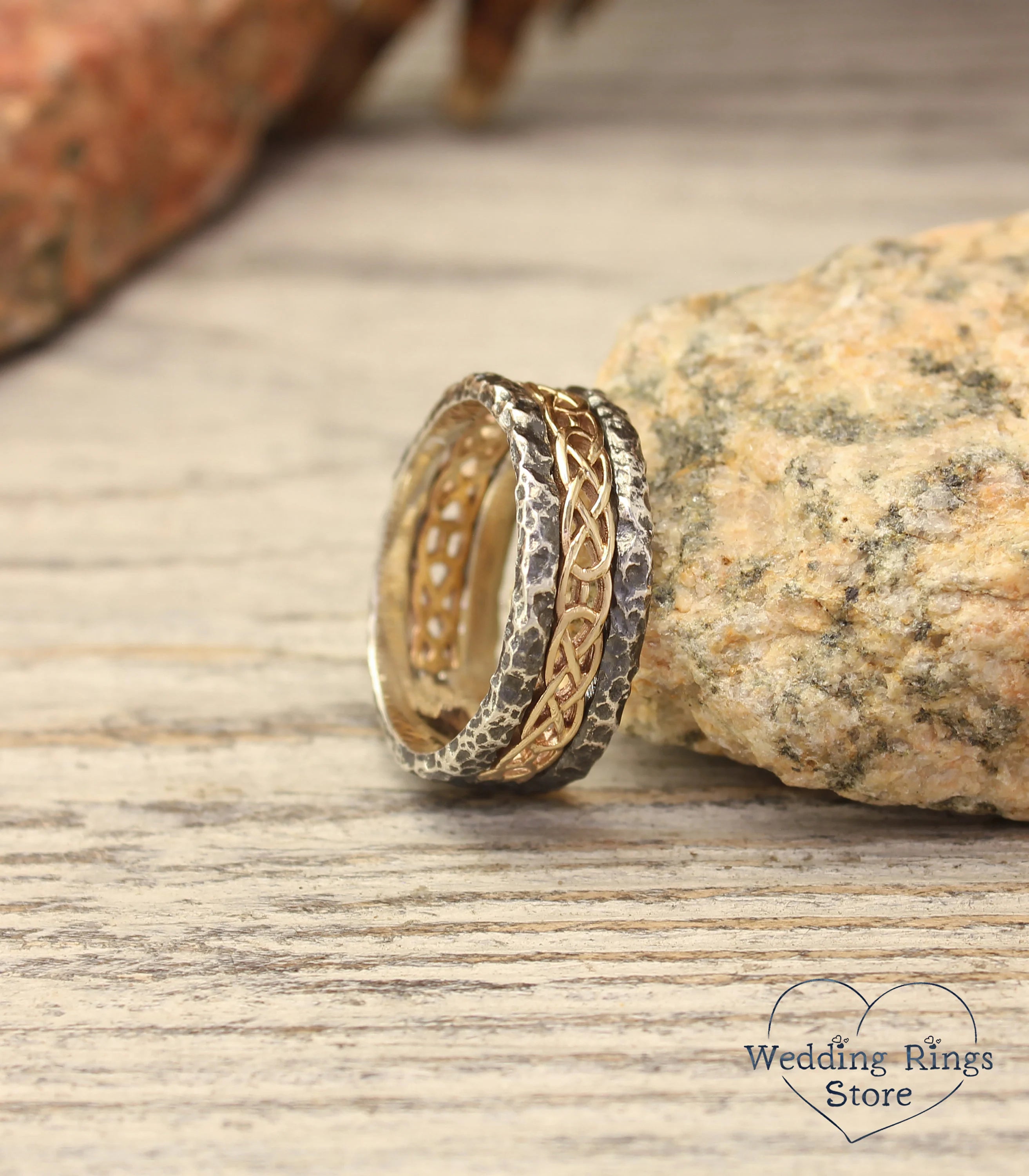 Gold Celtic pattern Hammered Silver Ring