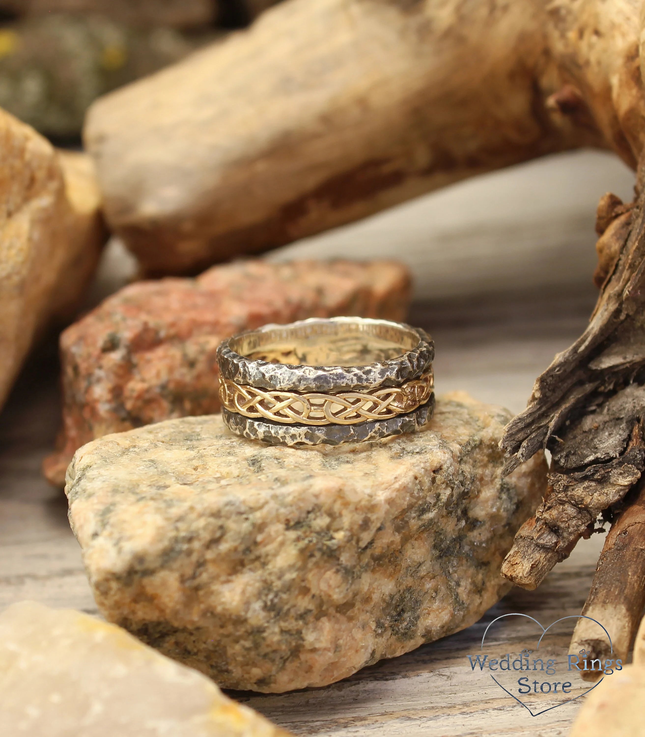 Gold Celtic pattern Hammered Silver Ring