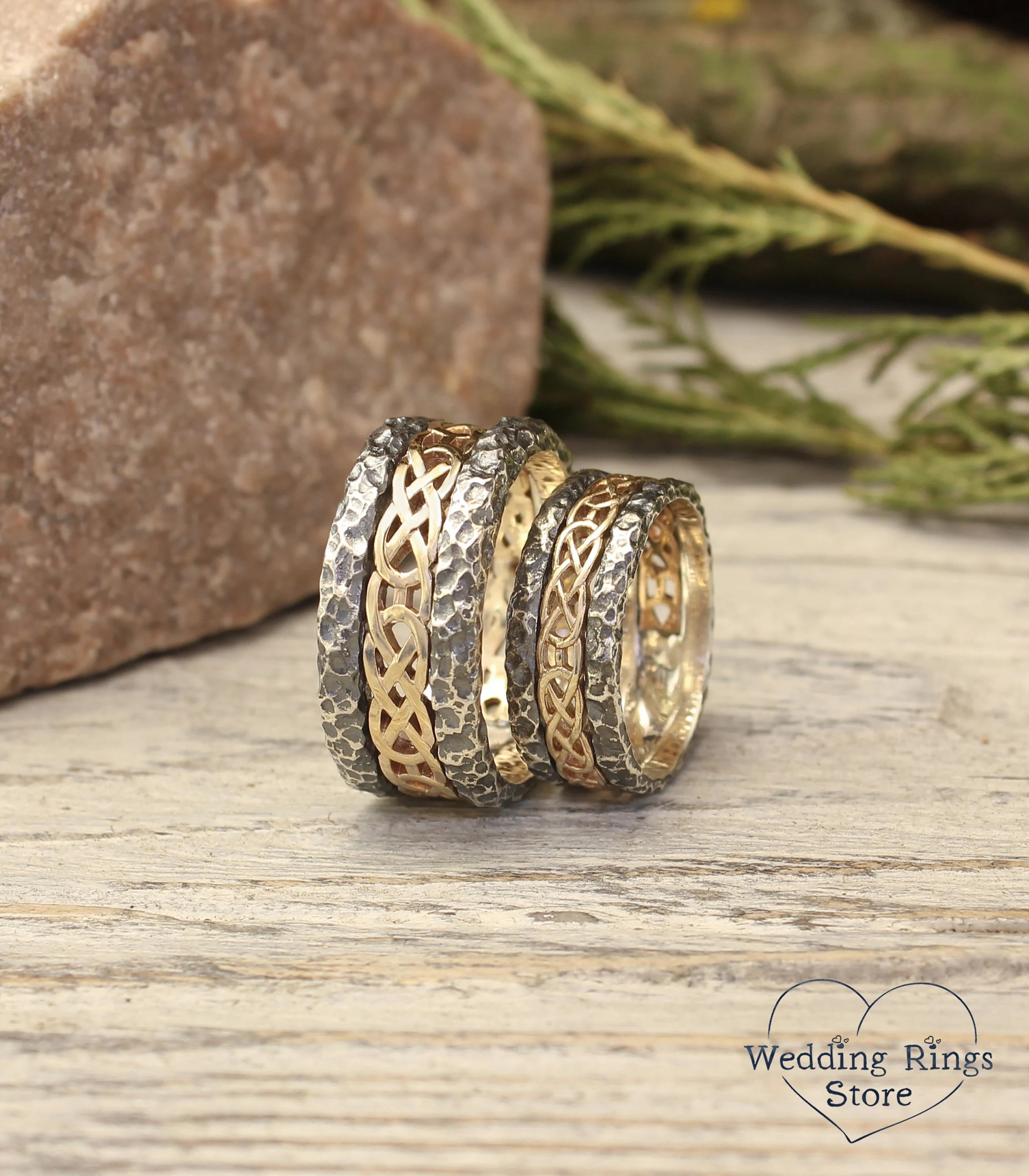 Silver & Gold Hammered Matching Celtic Rings Set