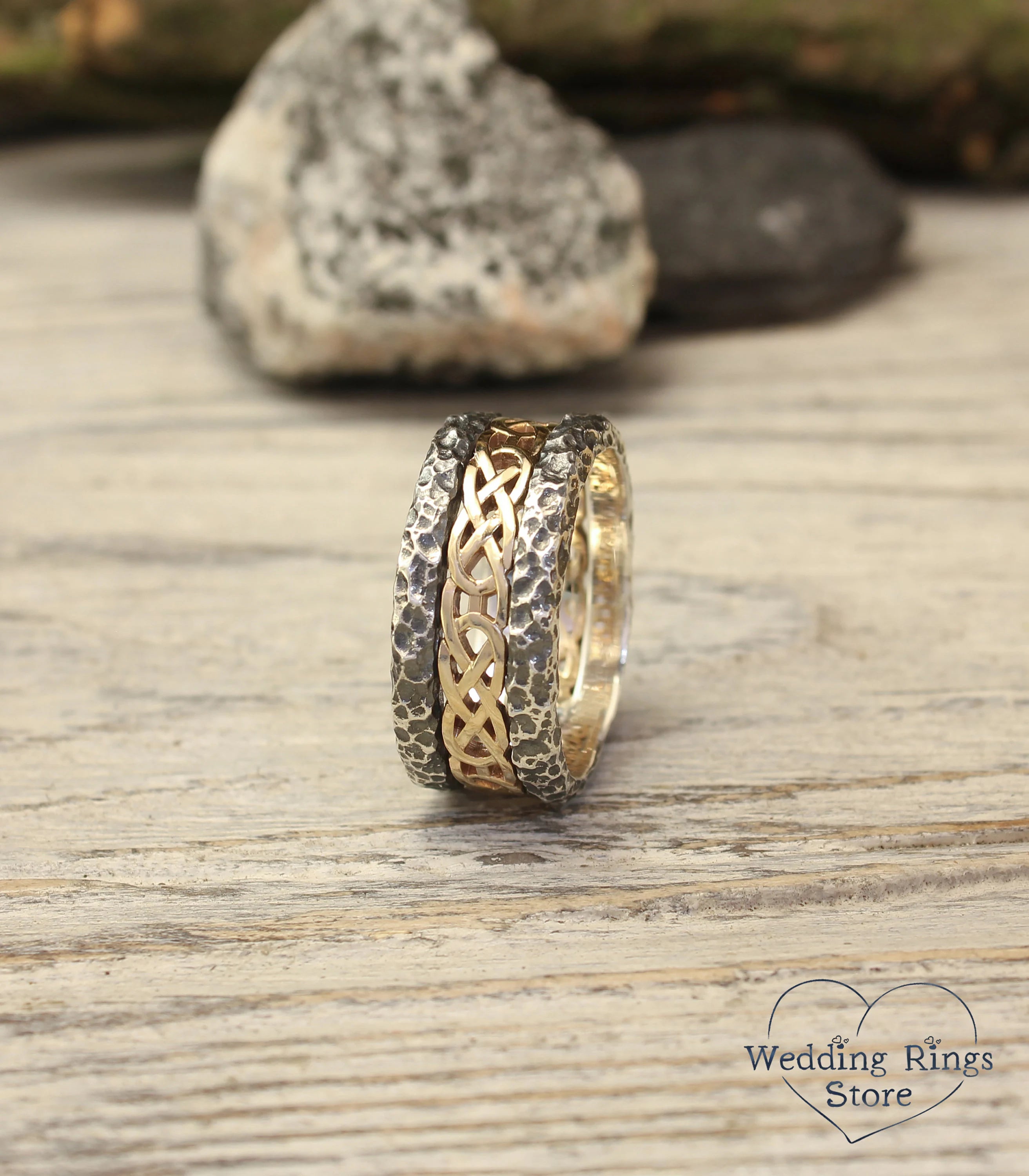 Rocky Hammered durable Silver Band with gold celtic pattern