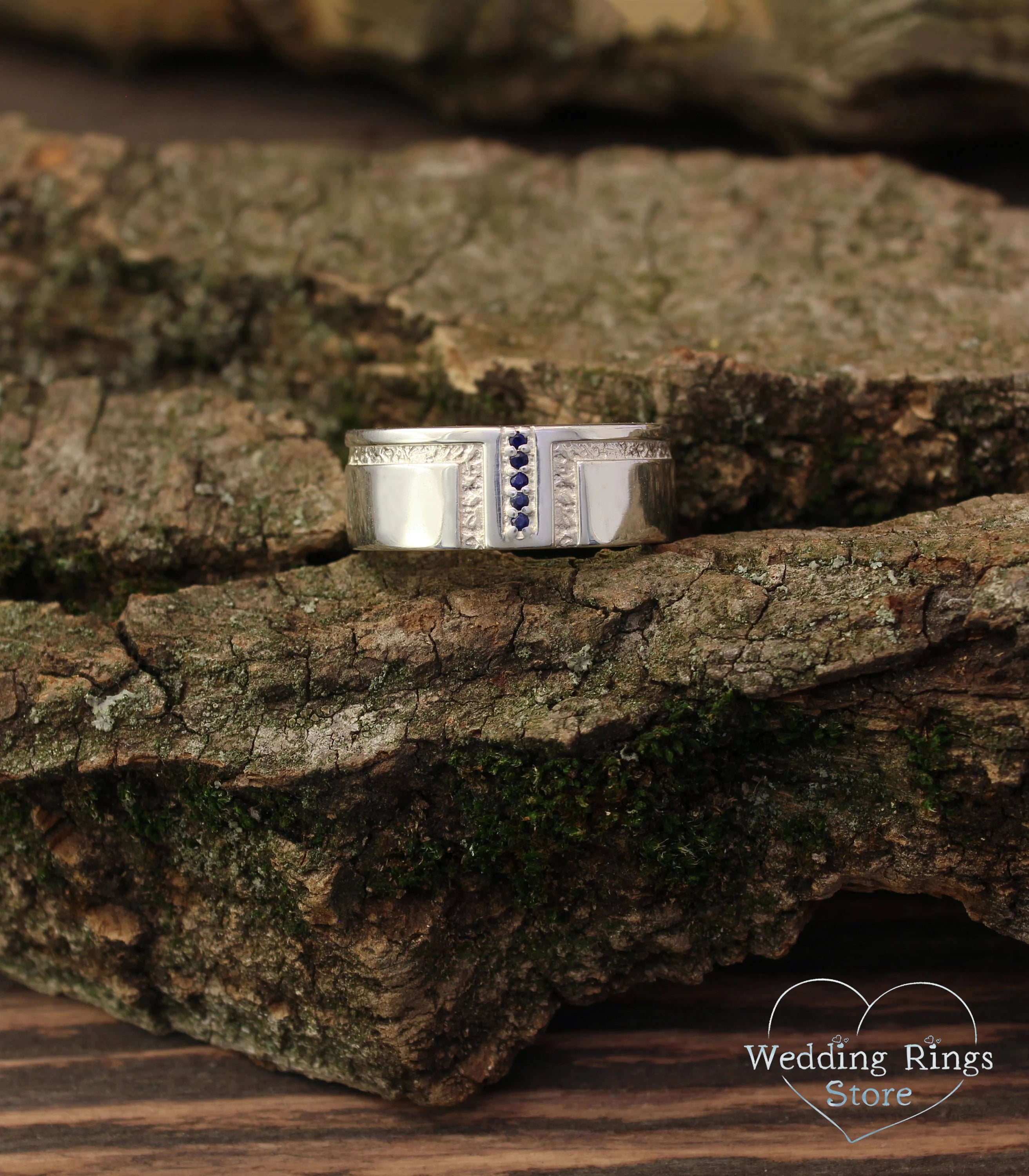 Men's Sapphire Wedding Band Heavy Sterling Silver