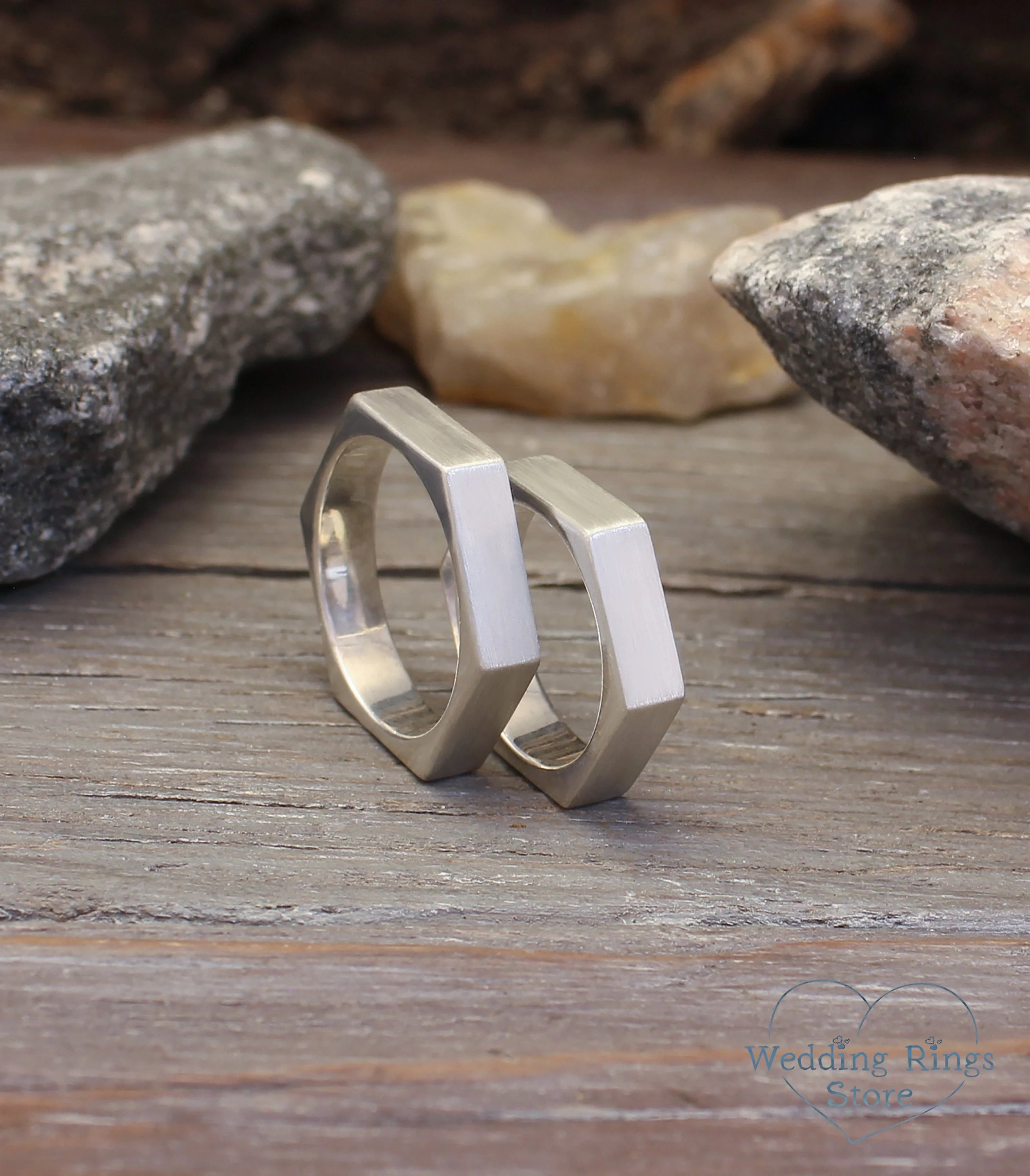 Minimalist Silver Hexagon Wedding Rings for Couple