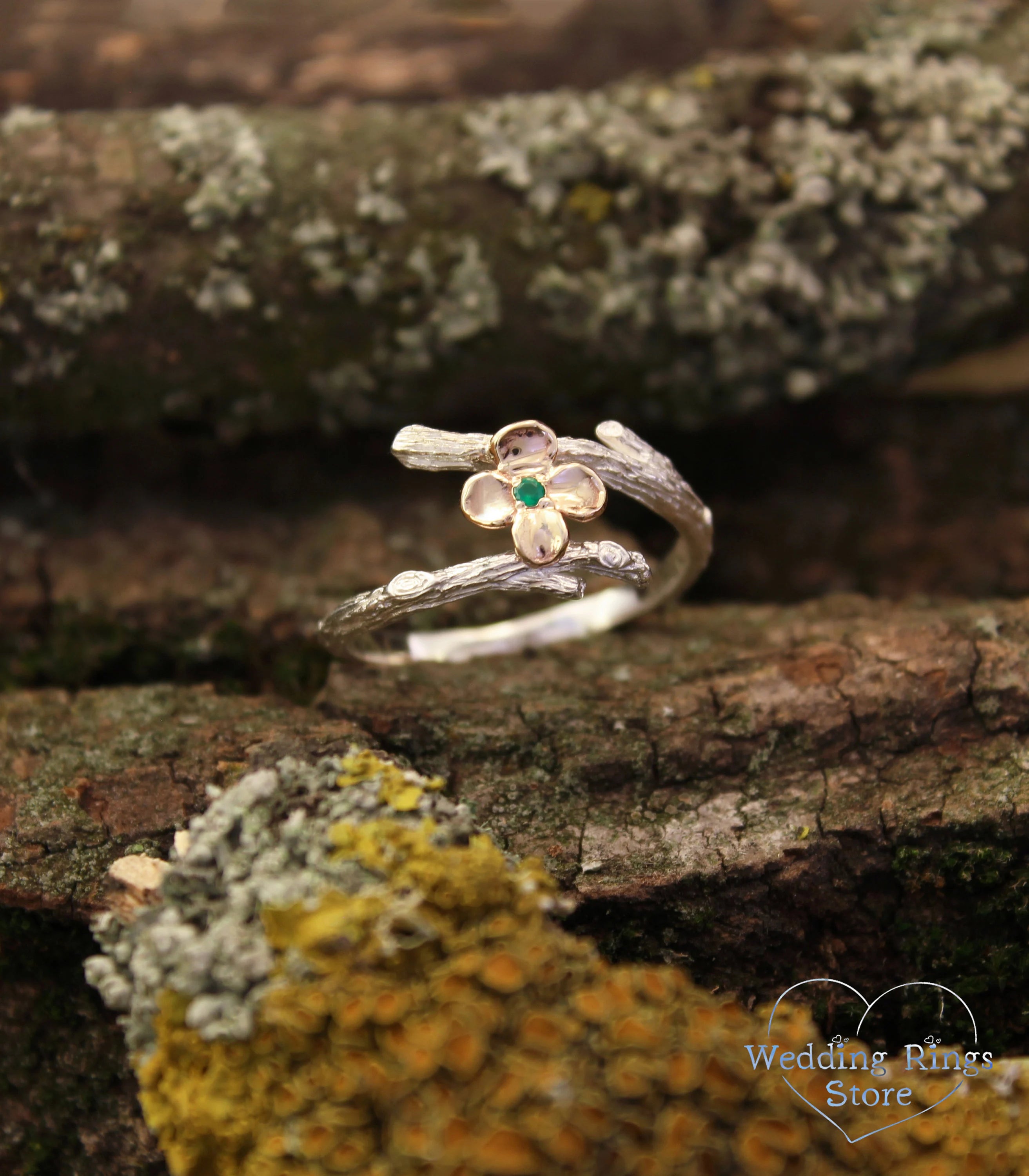 Women's Silver Tiny Twig Ring — Gold flower and Green Emerald