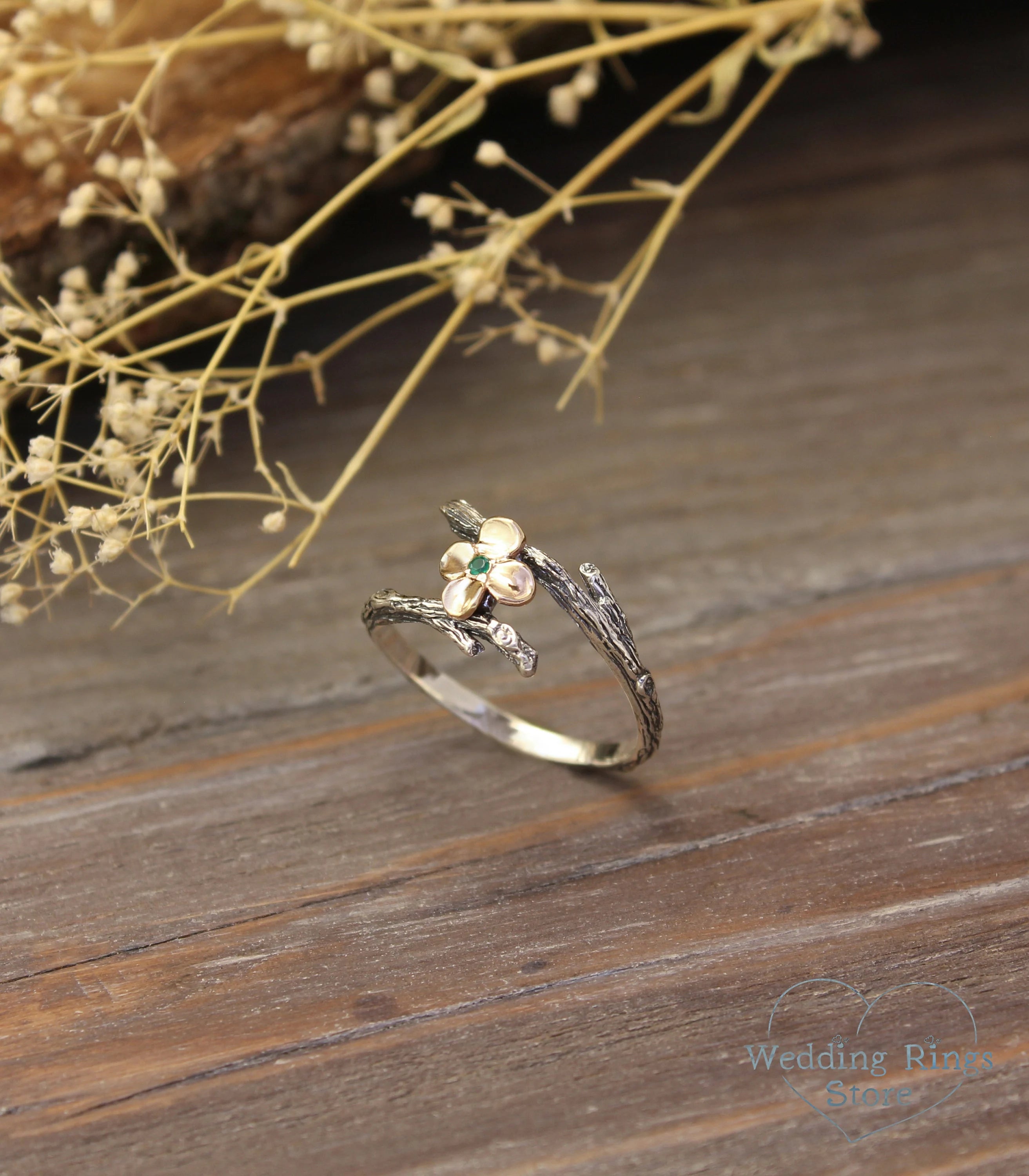 Women's Silver Tiny Twig Ring — Gold flower and Green Emerald