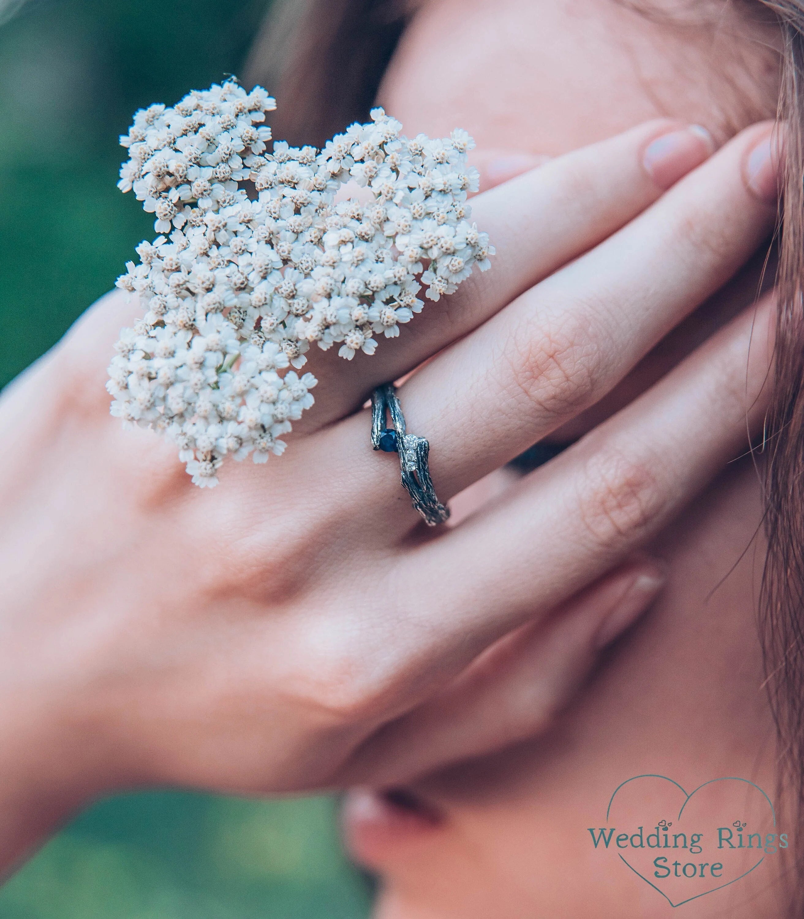 Dainty Women's Silver Branch Sapphire Engagement Ring