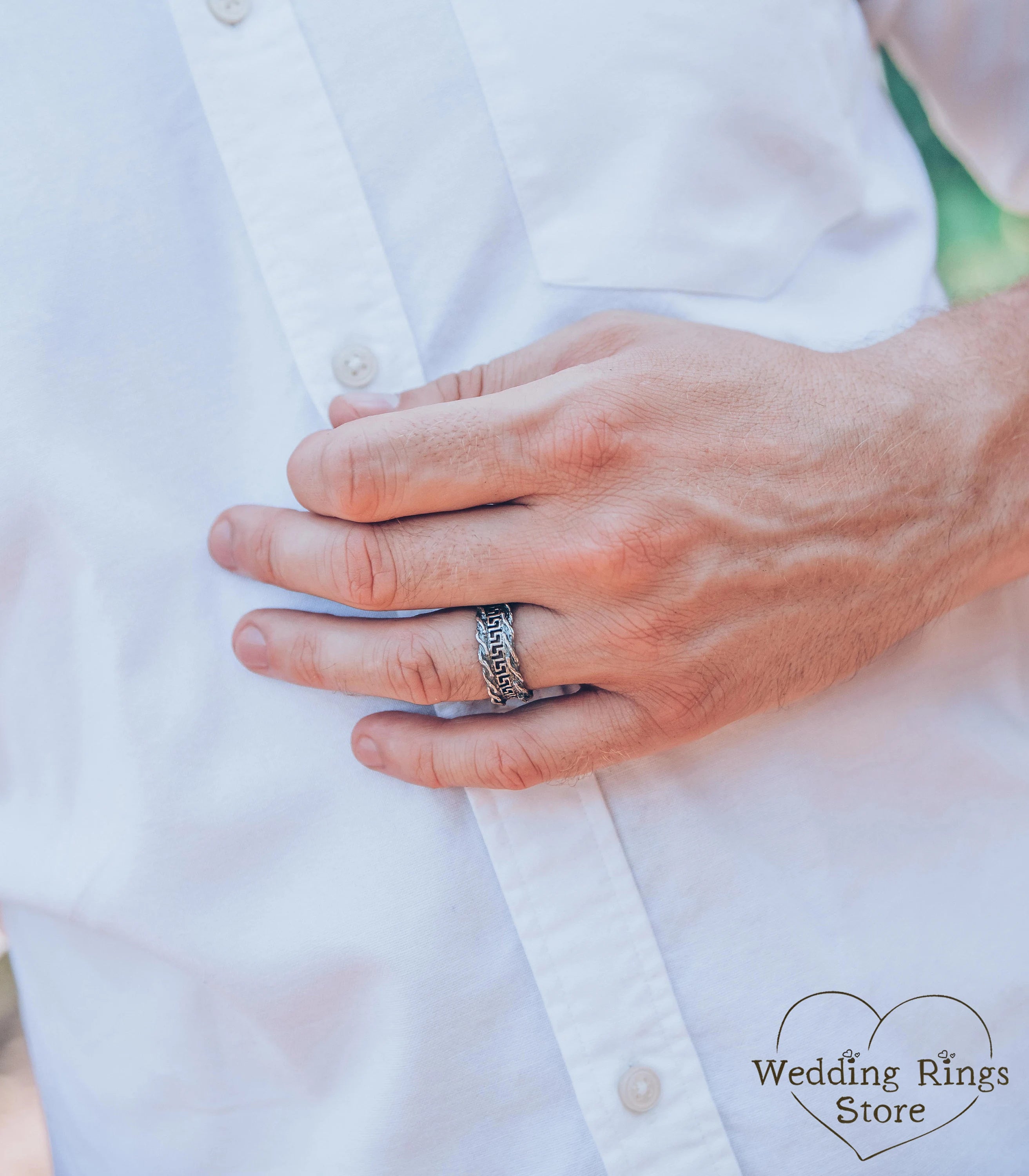 Men's Greek key & Tree bark Silver Wedding Band