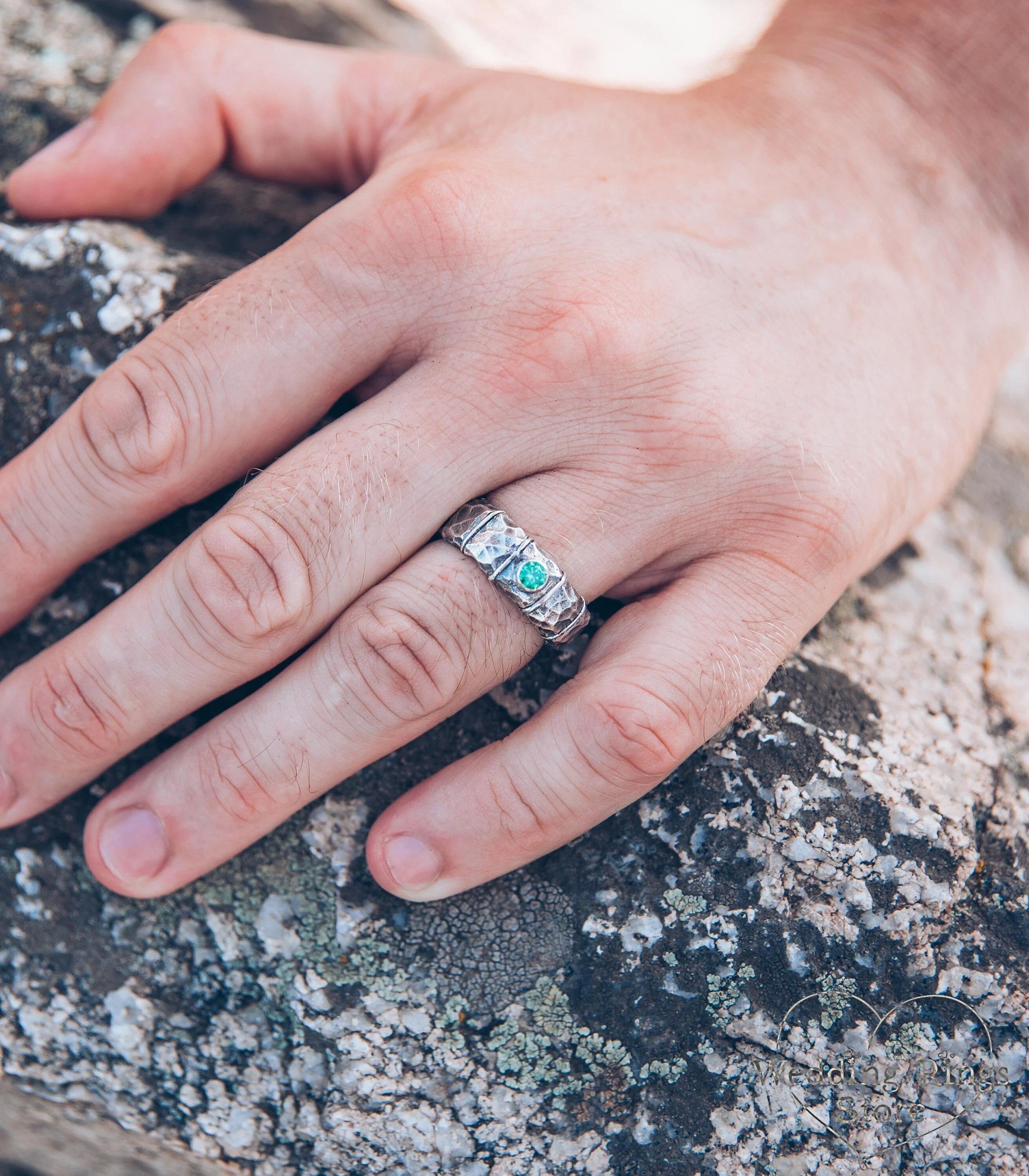 Unique Men's rocky Hammered Silver Wedding Band with Emerald