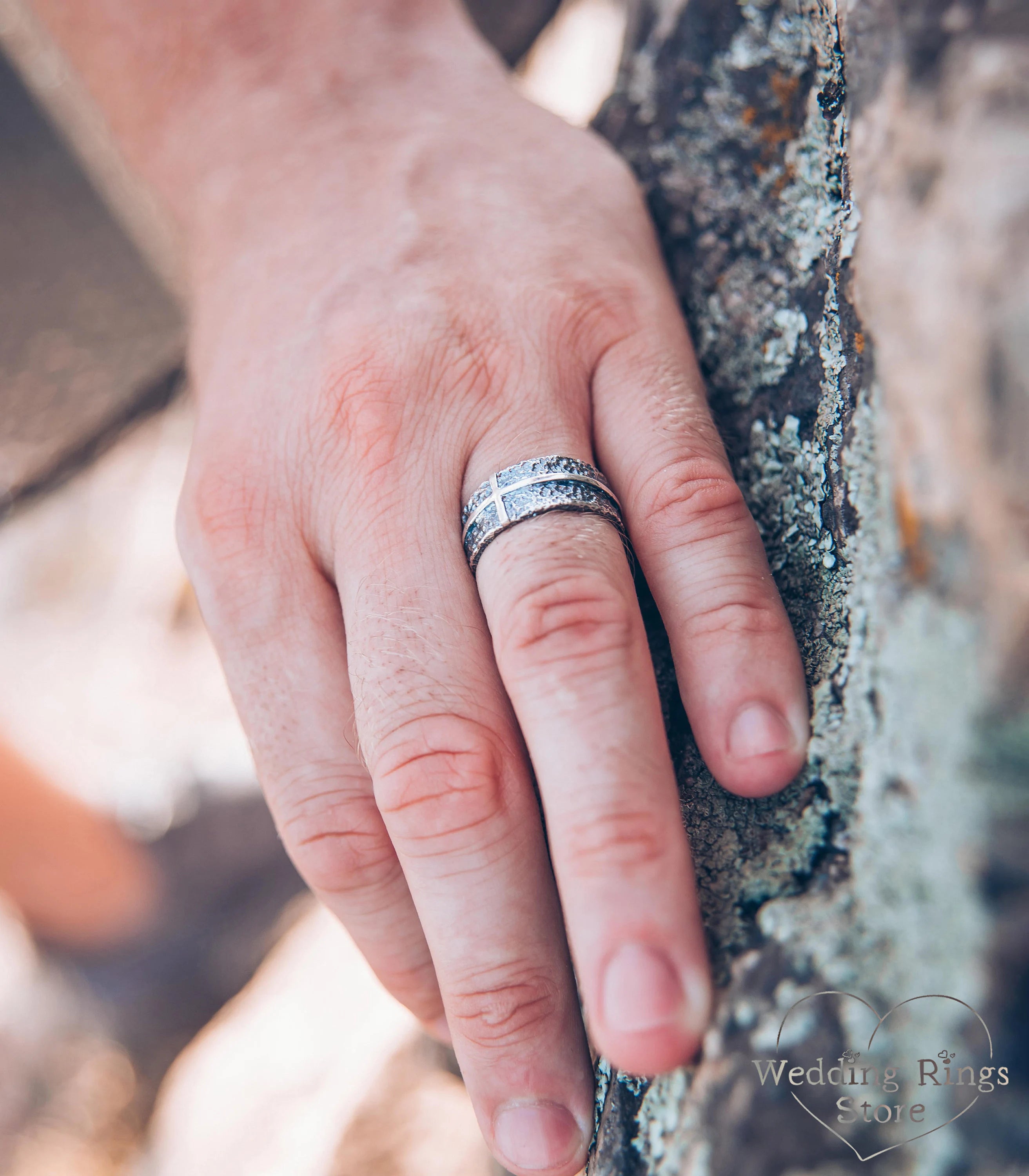 Wide Men's Cross Hammered Wedding Band in Silver