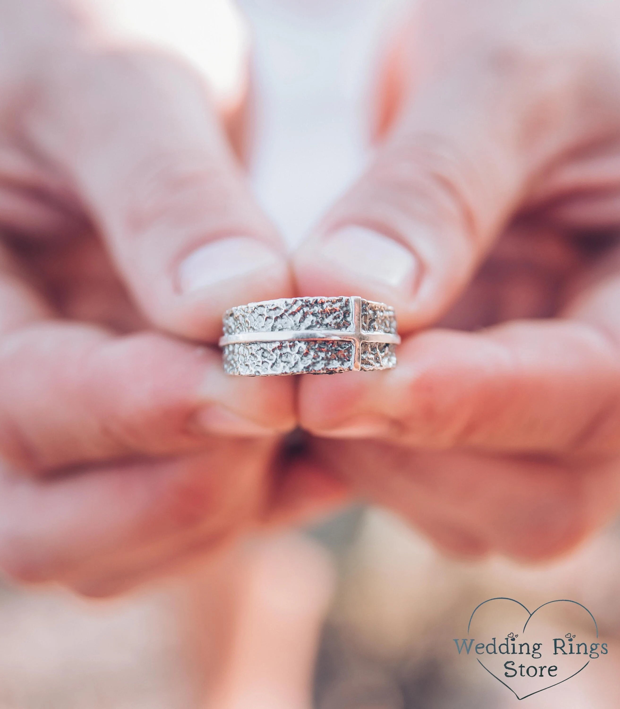 Wide Men's Cross Hammered Wedding Band in Silver