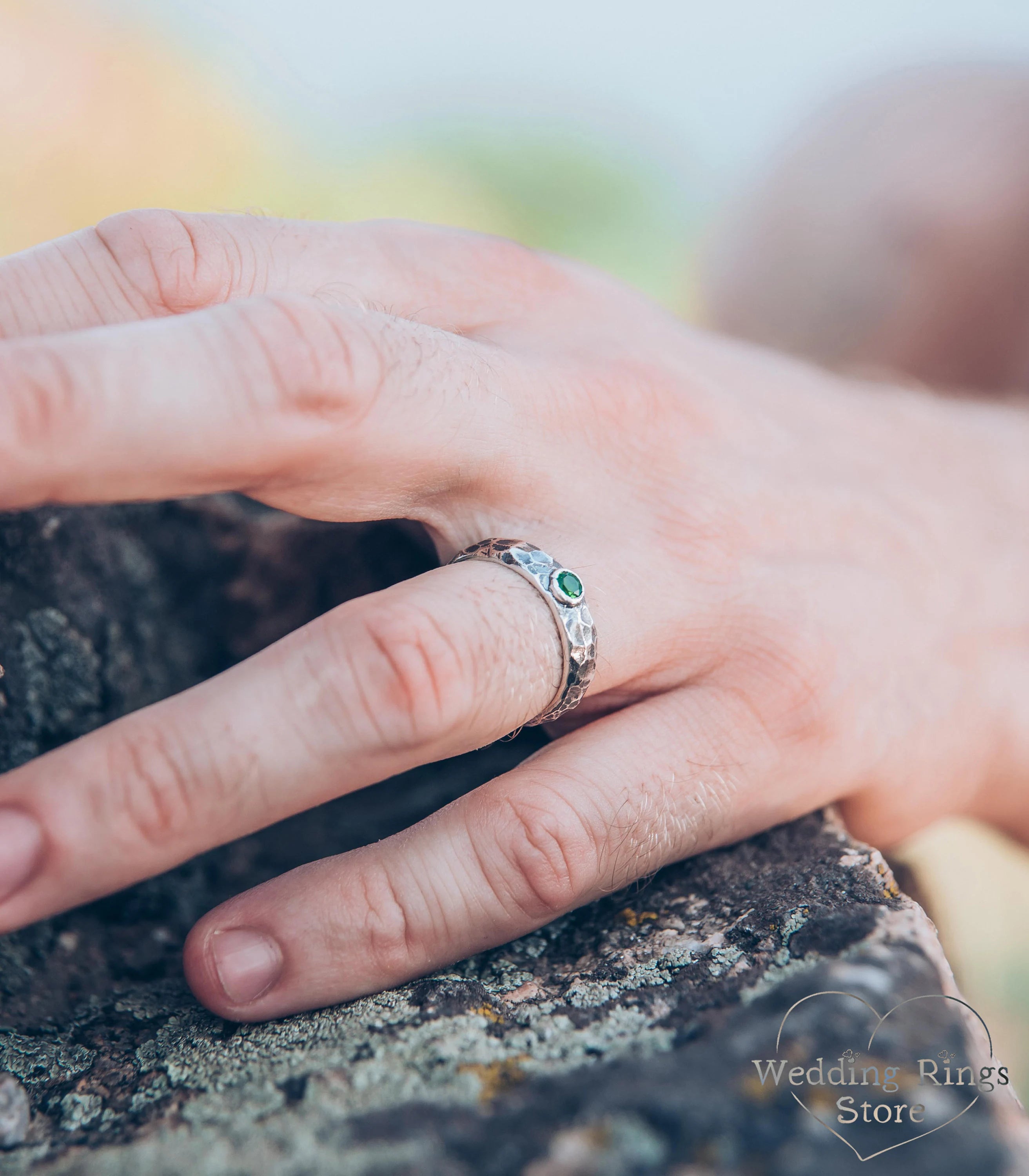 Brutalist Men's Hammered Engagement Ring with Emerald