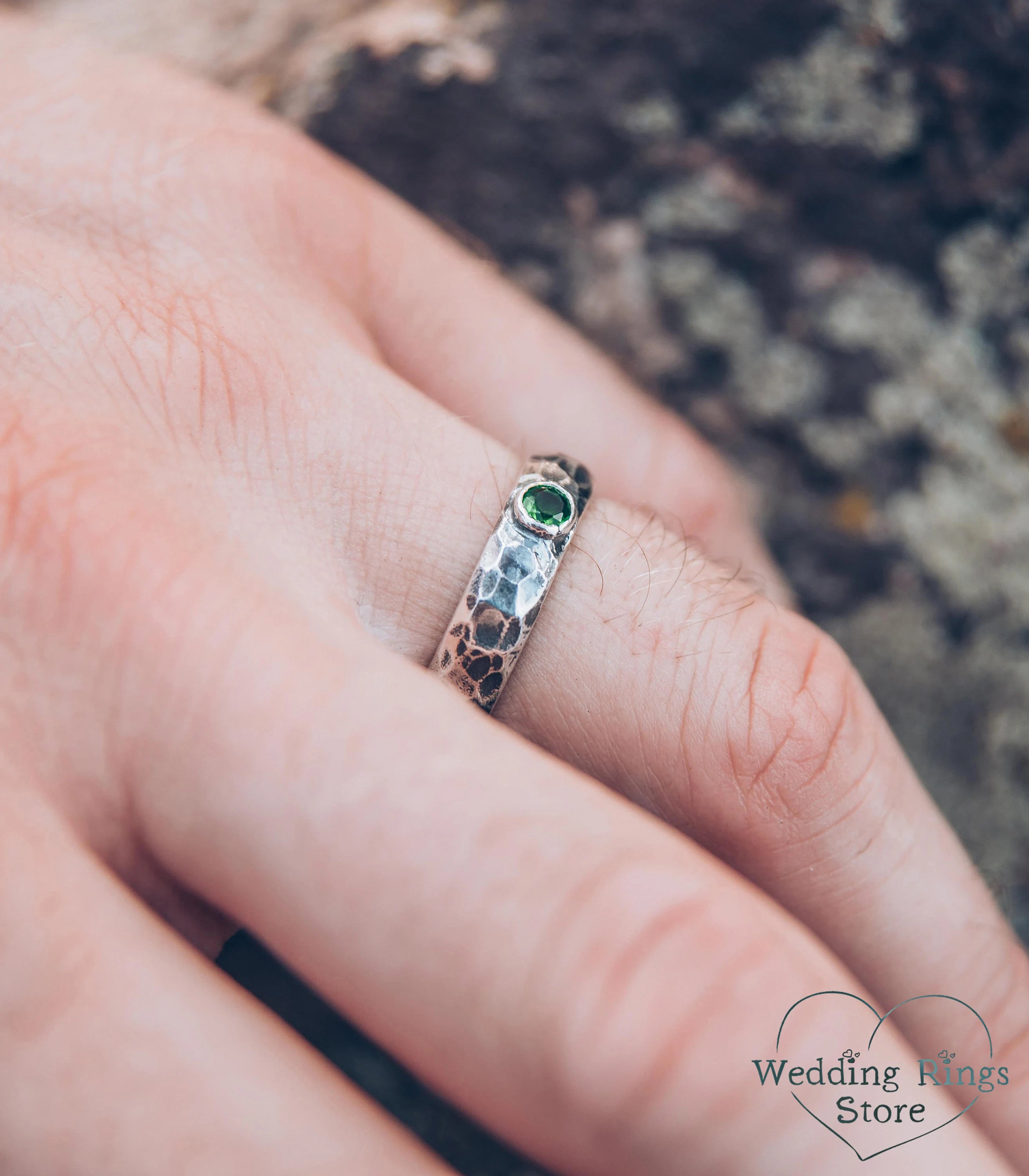 Brutalist Men's Hammered Engagement Ring with Emerald