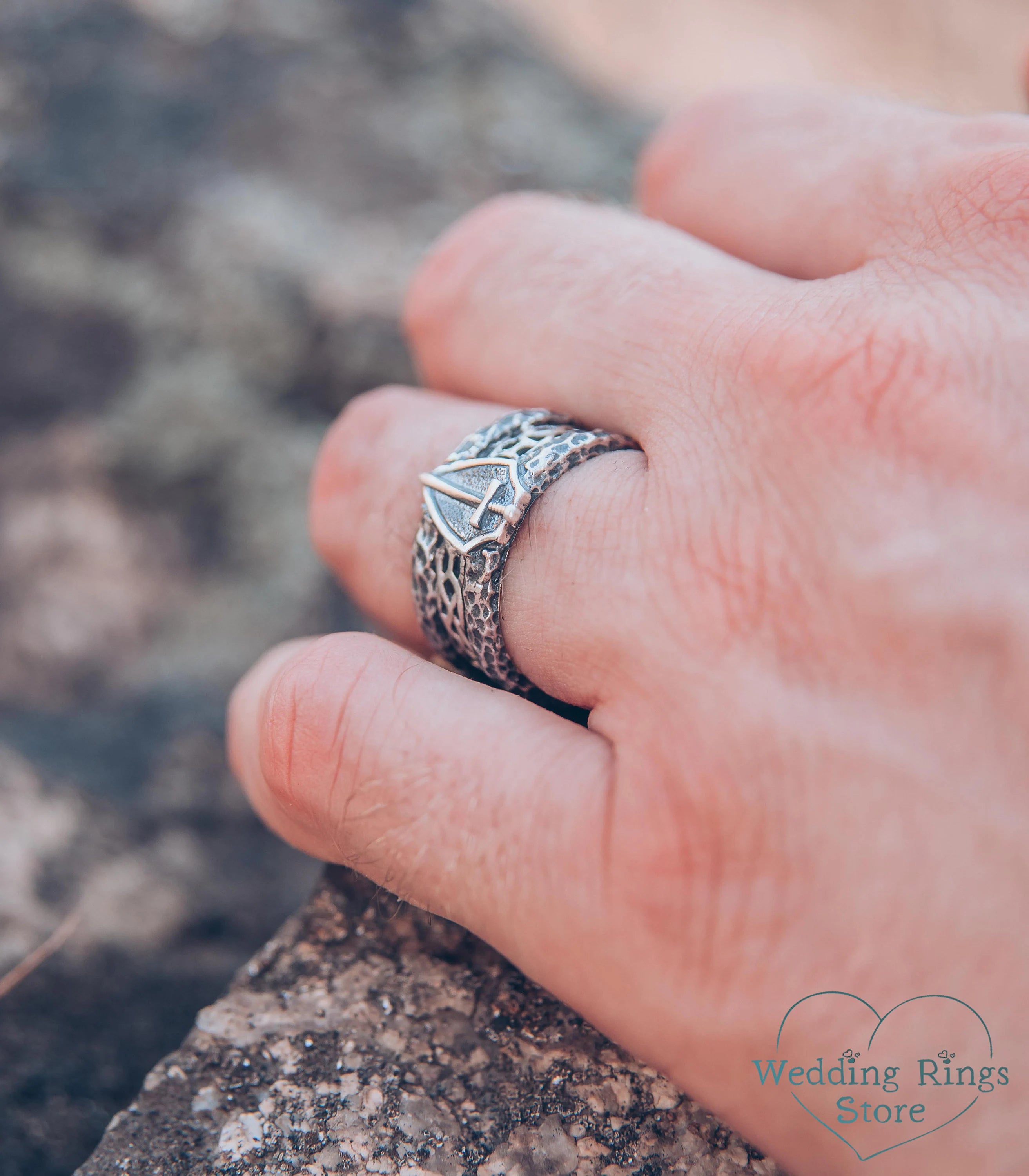 Wide Silver Men's Sword and Shield Ring Hammered Edges