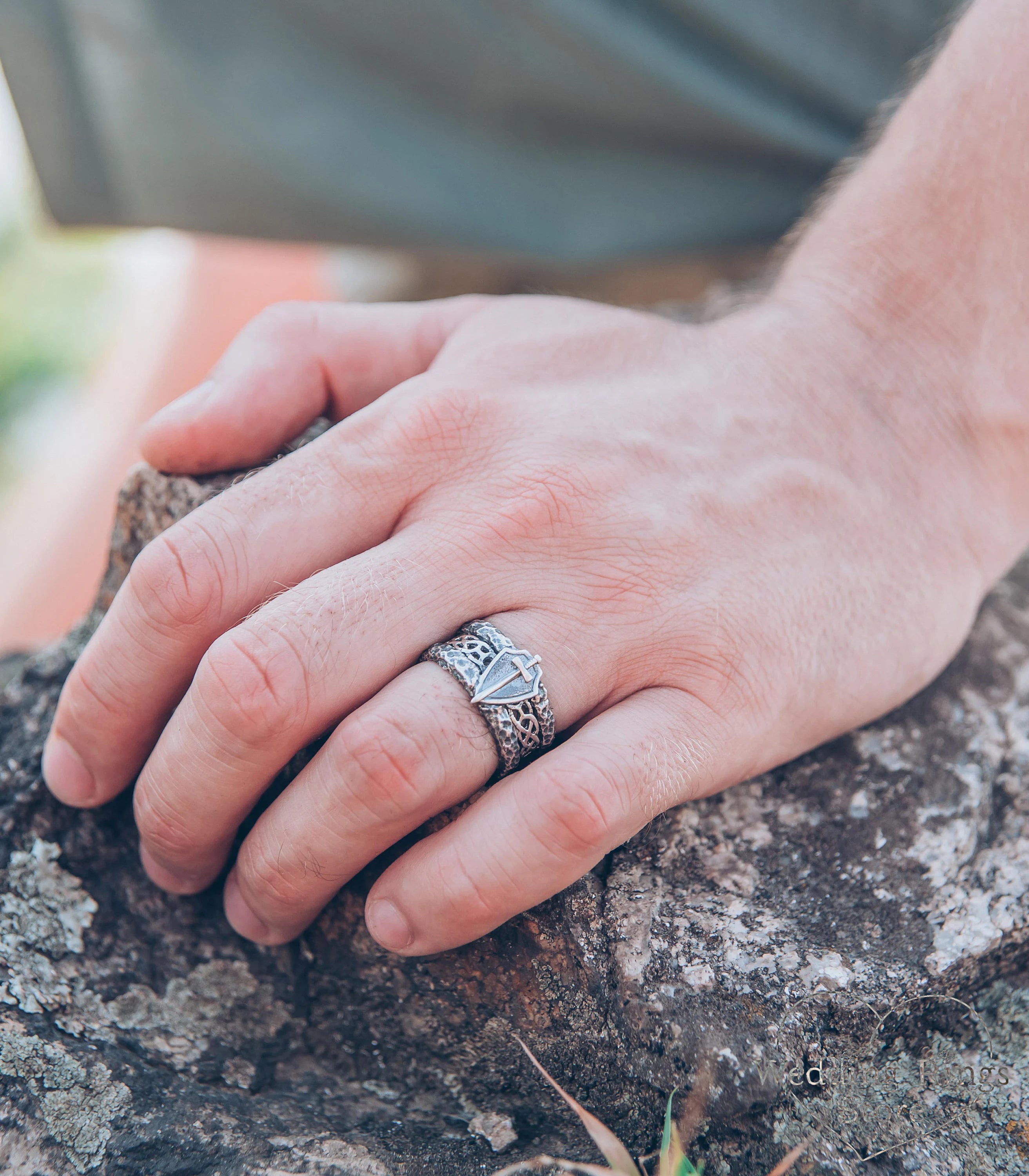 Wide Silver Men's Sword and Shield Ring Hammered Edges