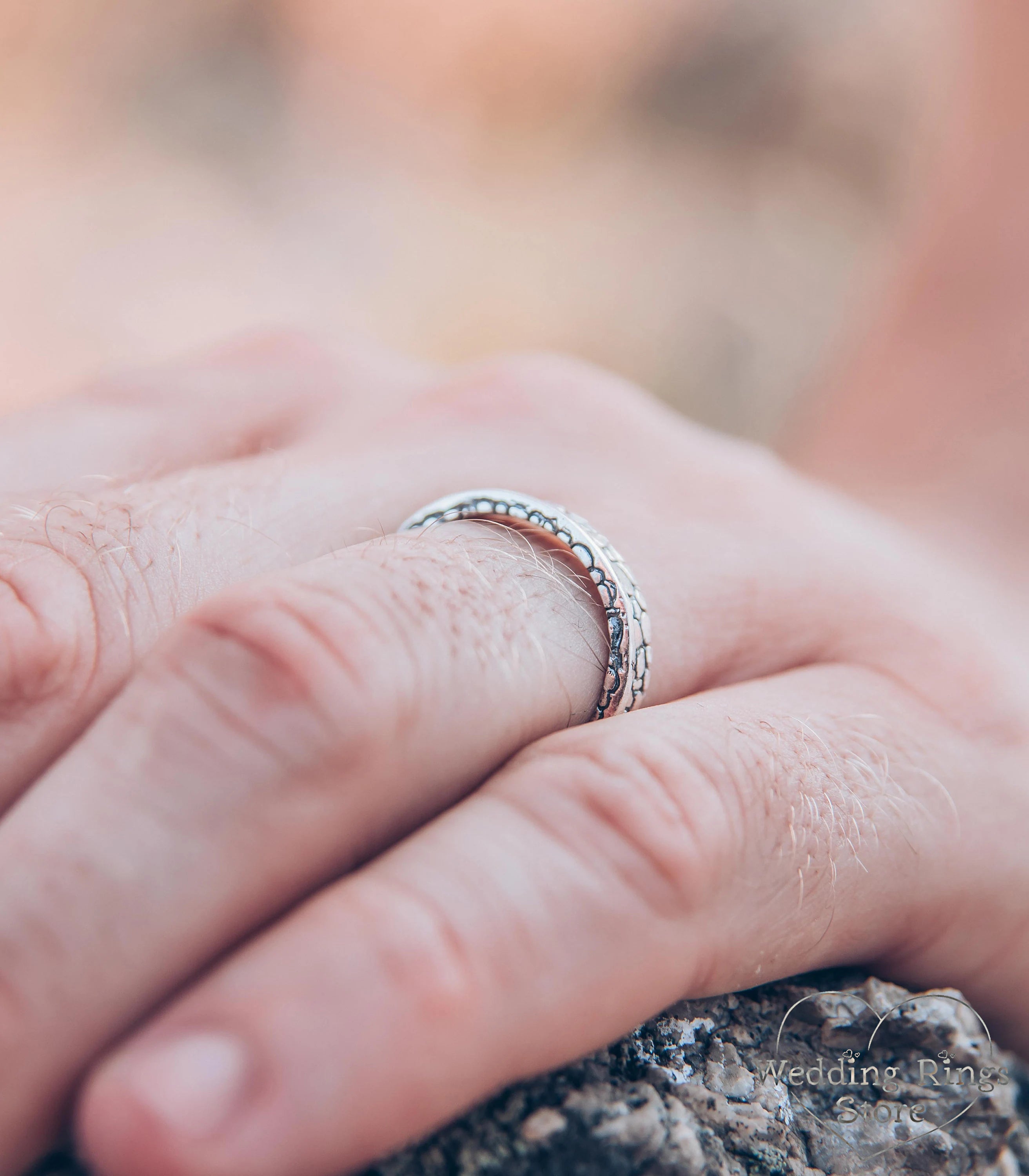 Casual Cracked Earthy Silver Wedding Band