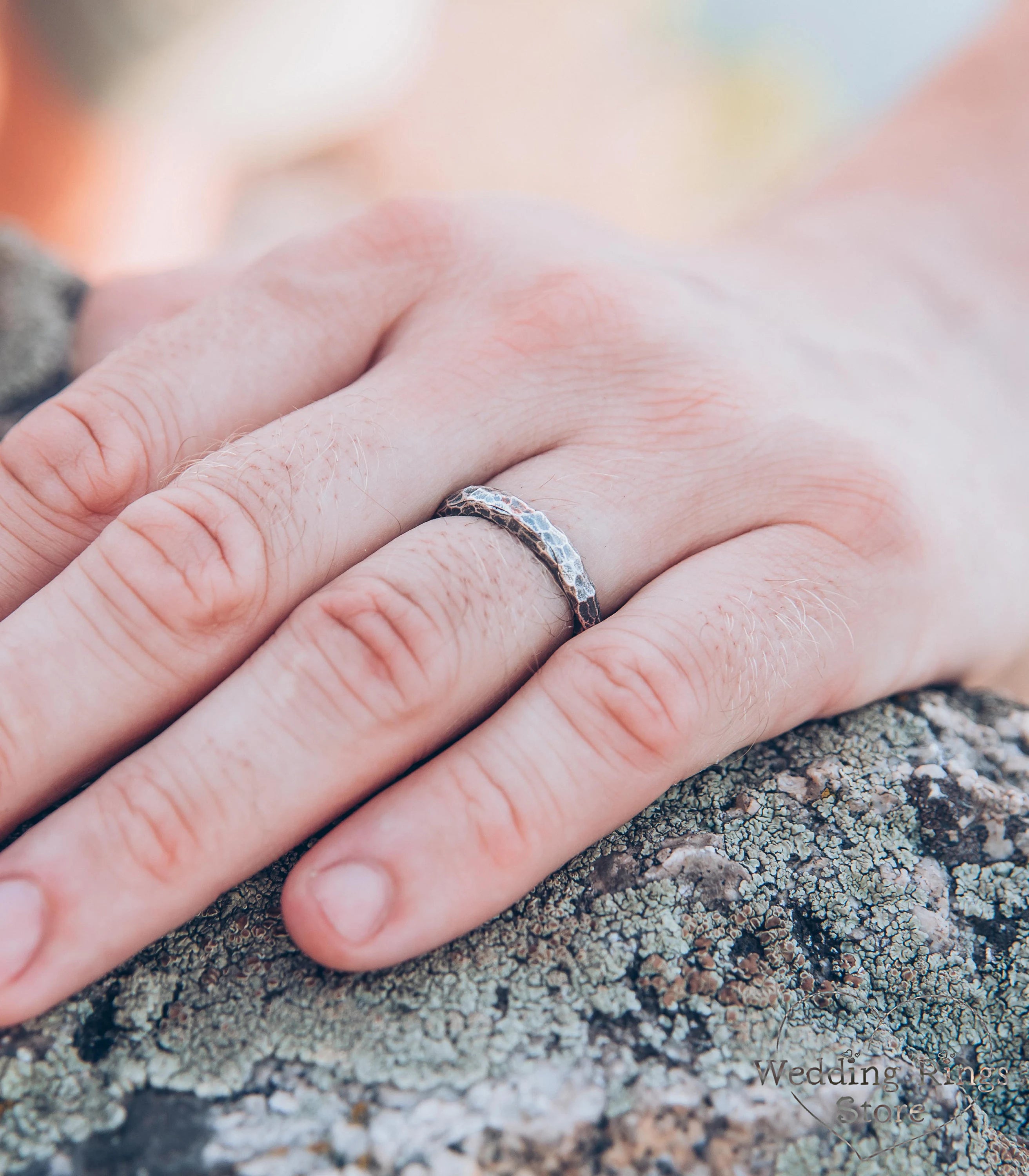 Rocky Hammered Silver Wedding Band Brutalist Style