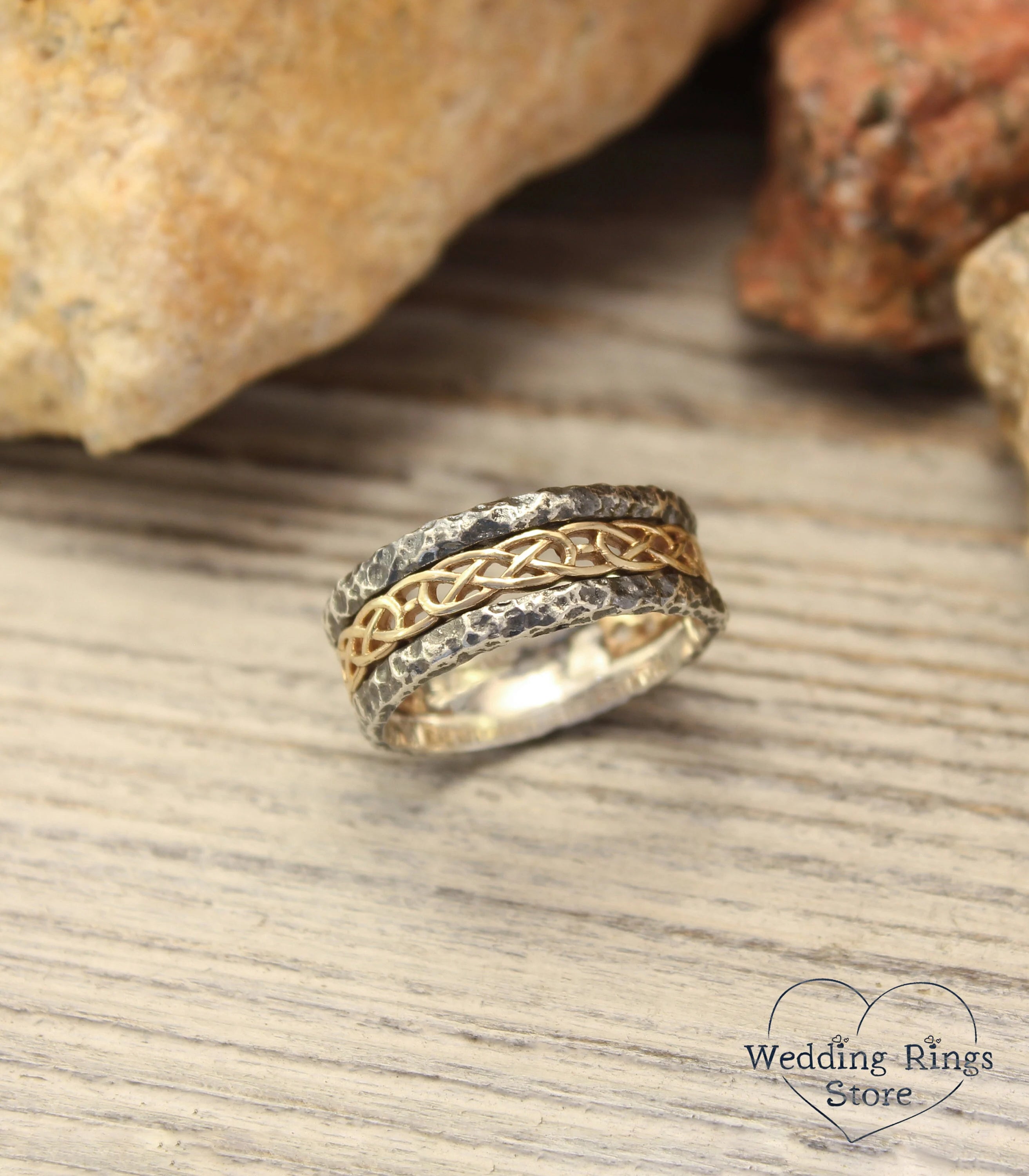 Gold Celtic pattern Hammered Silver Ring