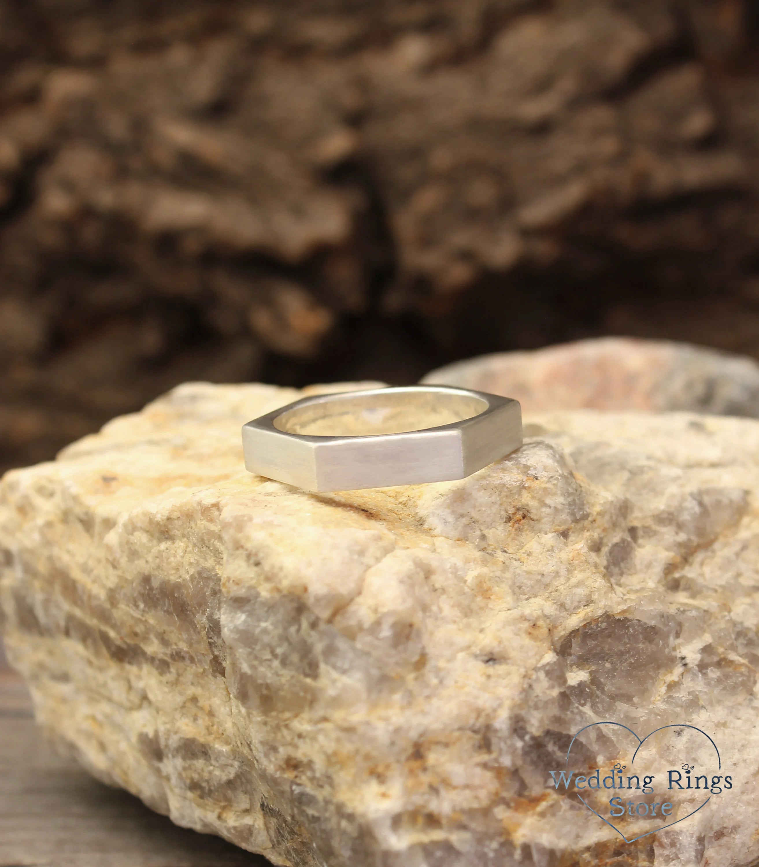 Men's Matte Silver Hexagon Wedding Band