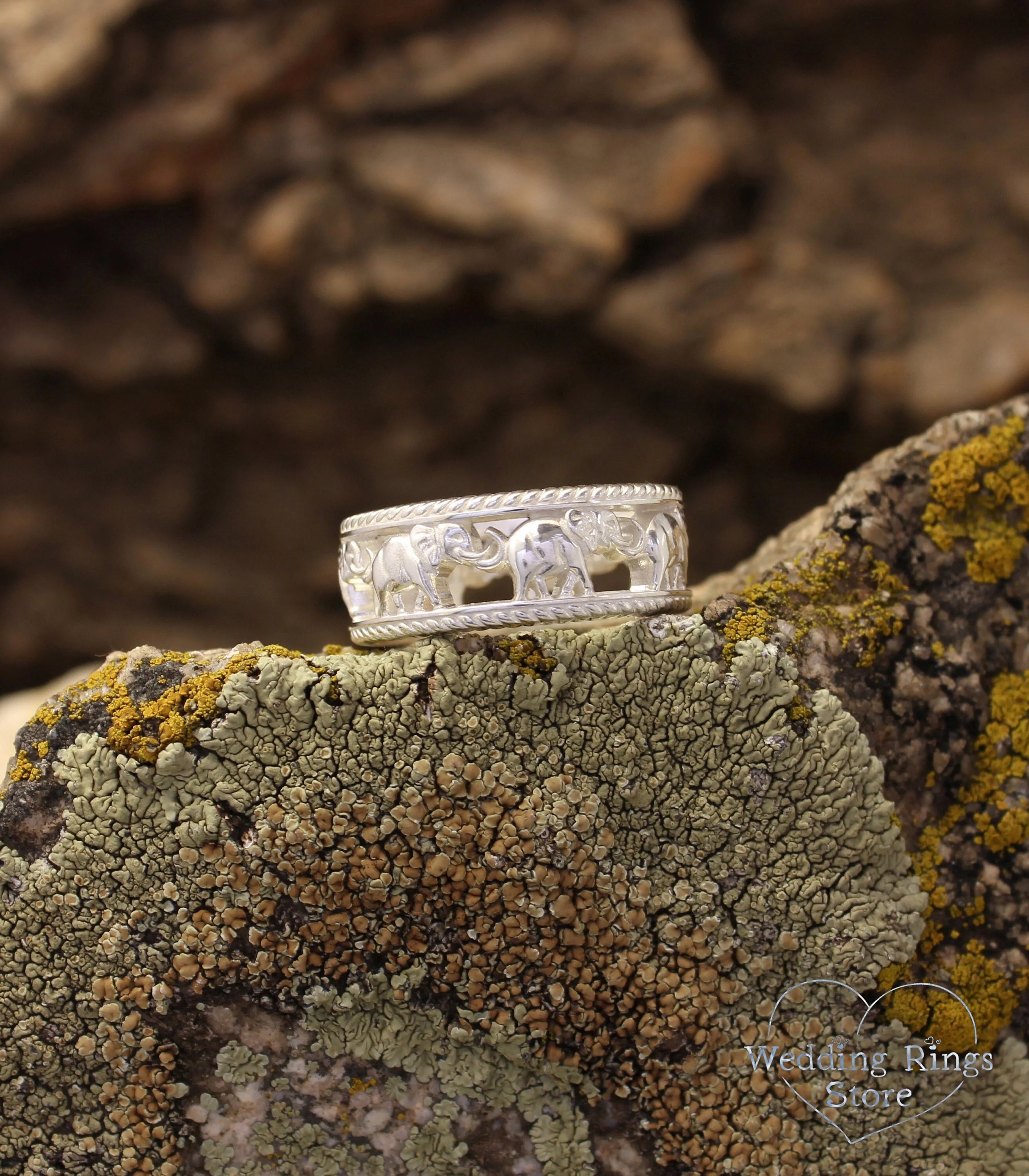 Elephant pattern Silver Ring and Unusual Animal Wedding Band