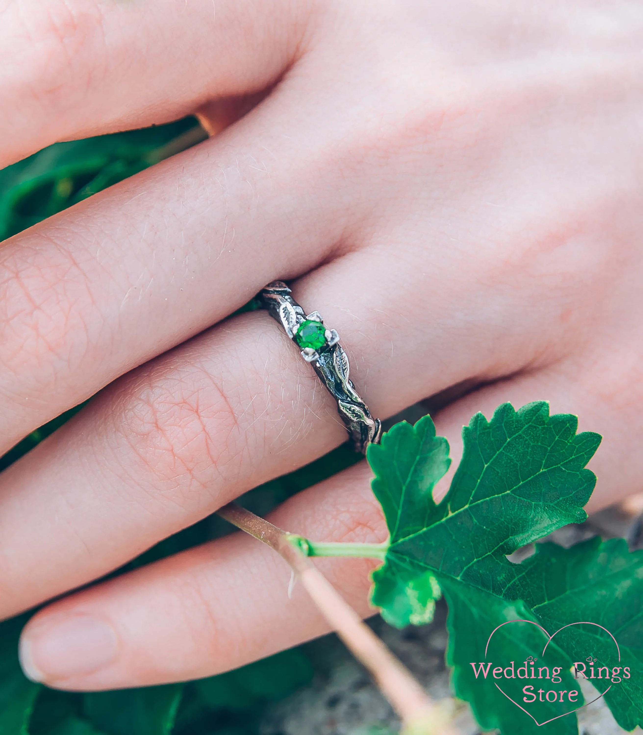 Wild Nature Hammered Silver Ring with Emerald and Leaves