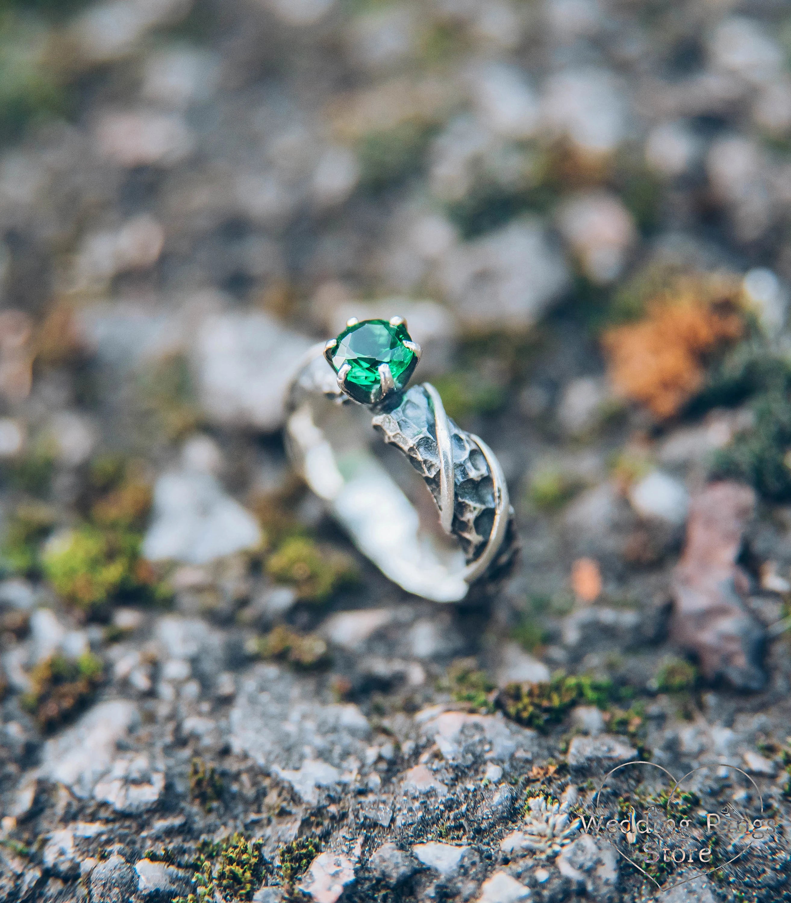 Unique Hammered Silver Emerald Engagement Ring