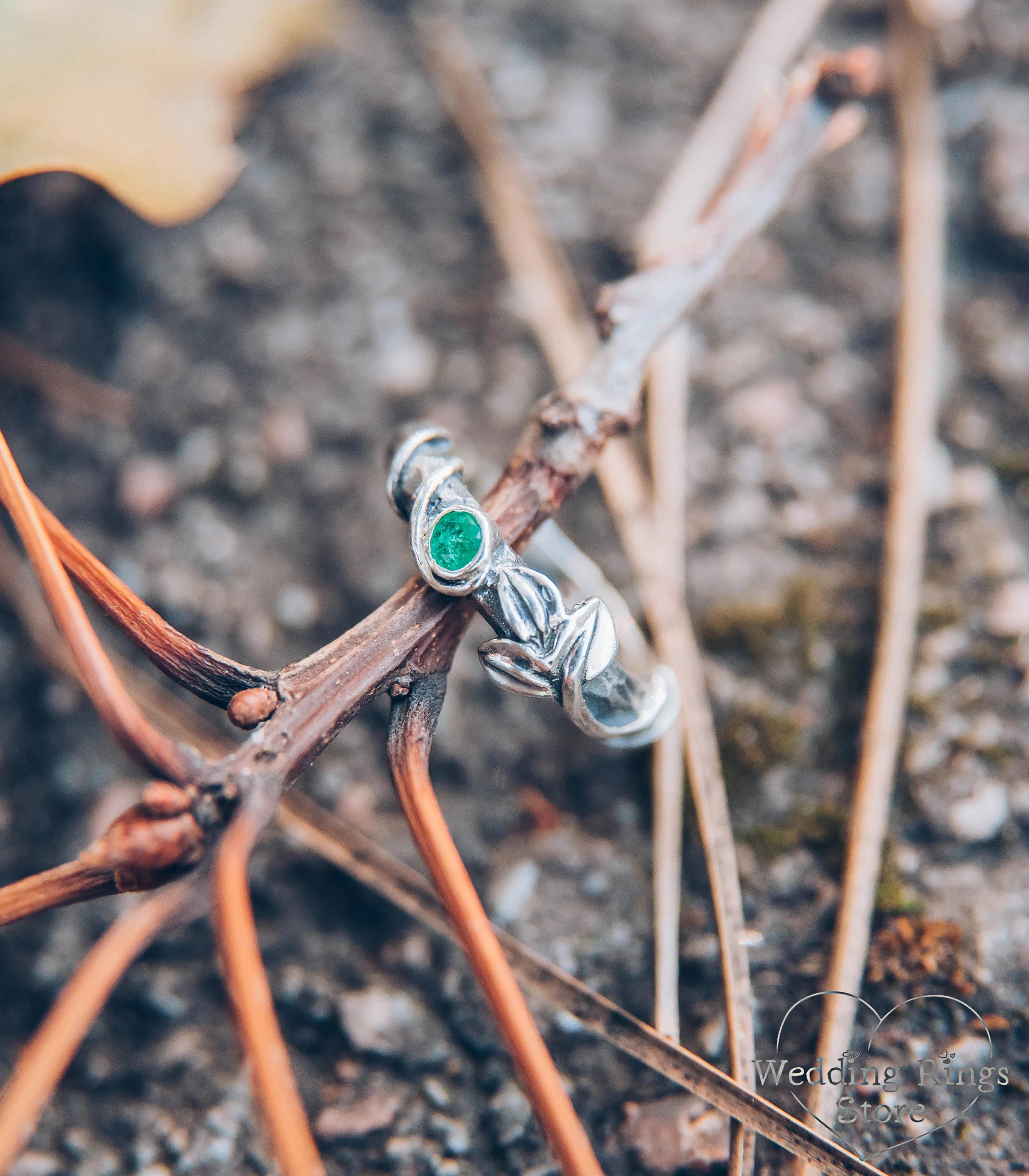 Natural Emerald with Leaf and Vine Silver Hammered Engagement Ring