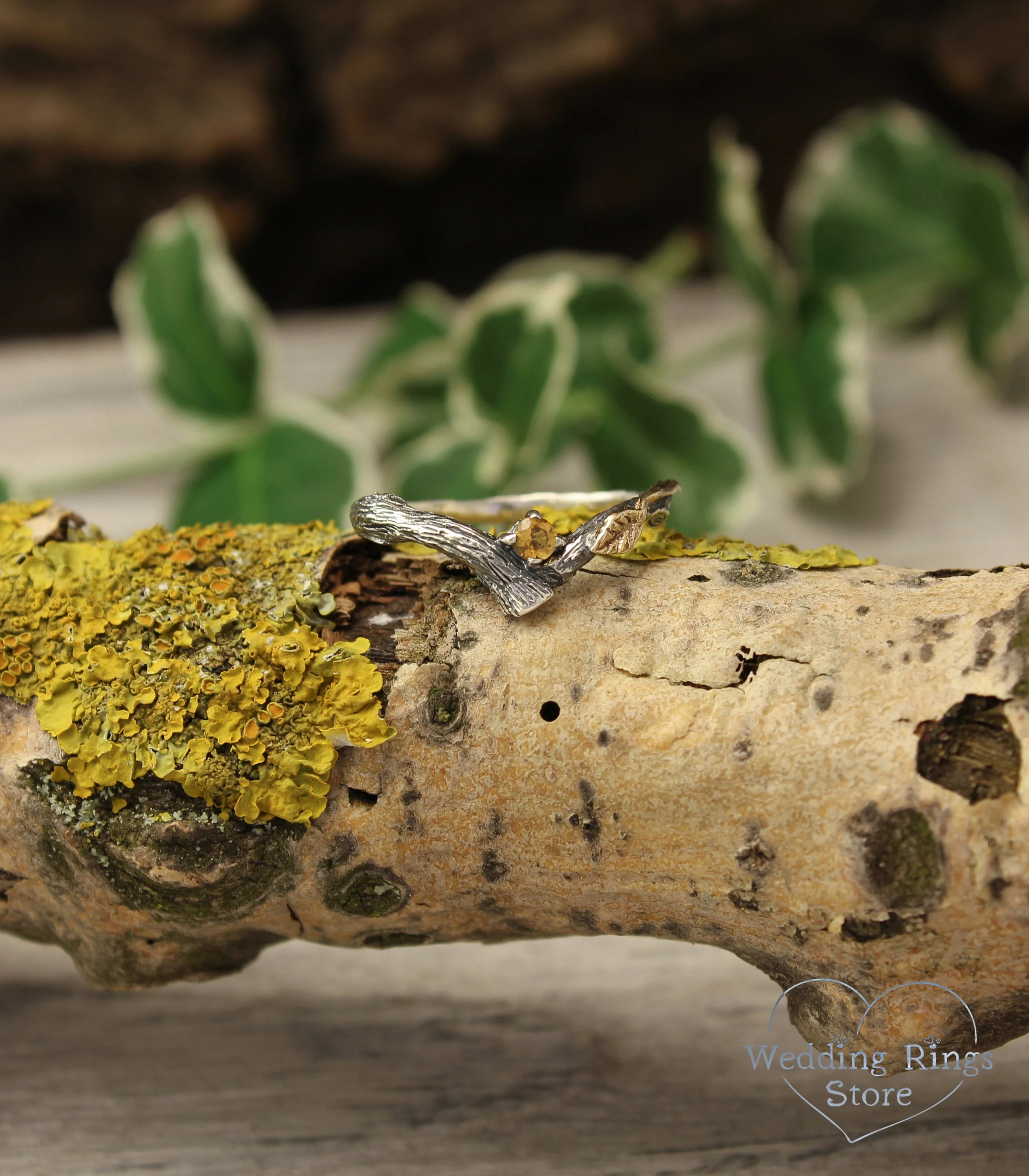 Citrine and Gold Leaf on Silver Twig Engagement V-Ring