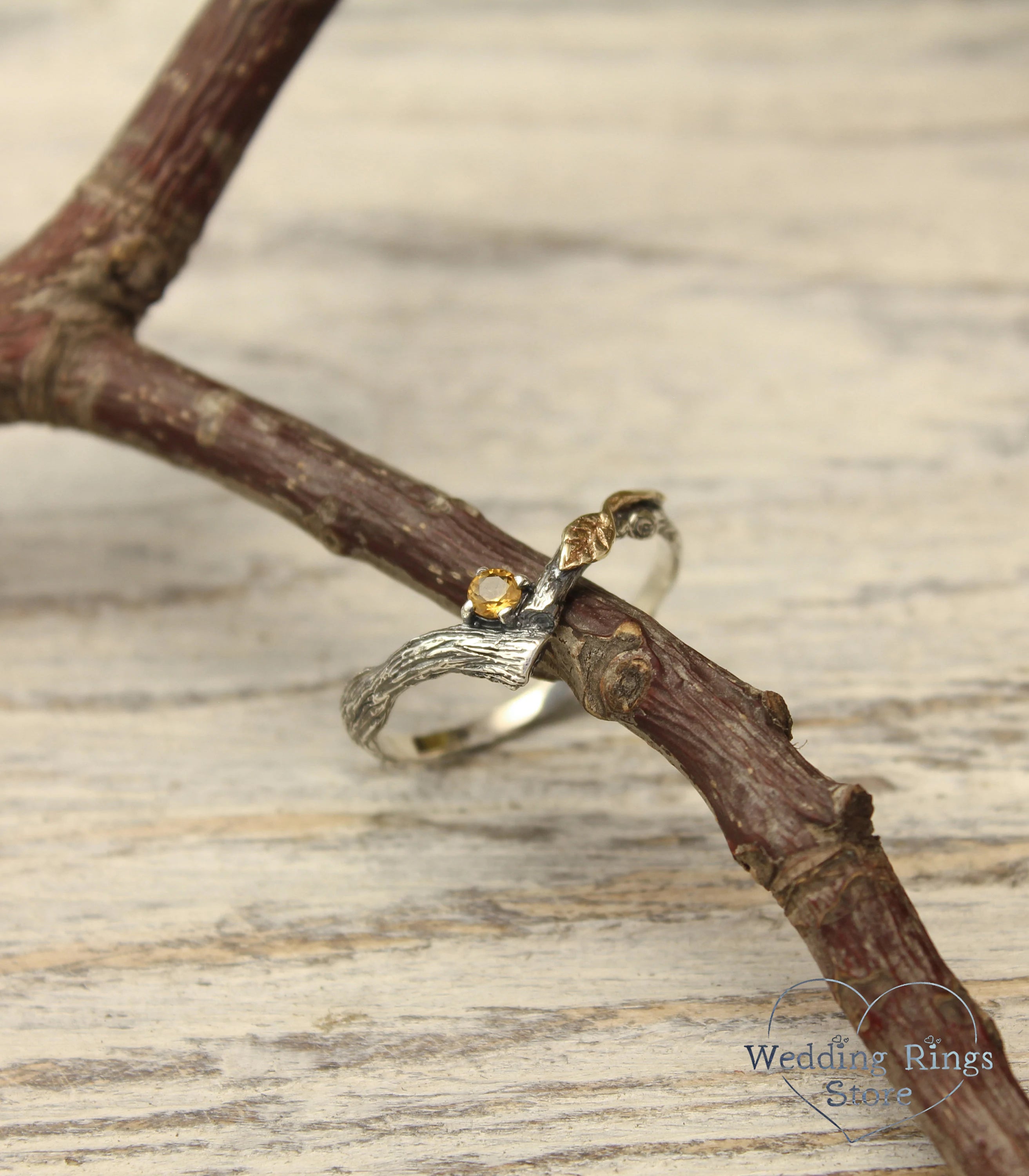 Citrine and Gold Leaf on Silver Twig Engagement V-Ring