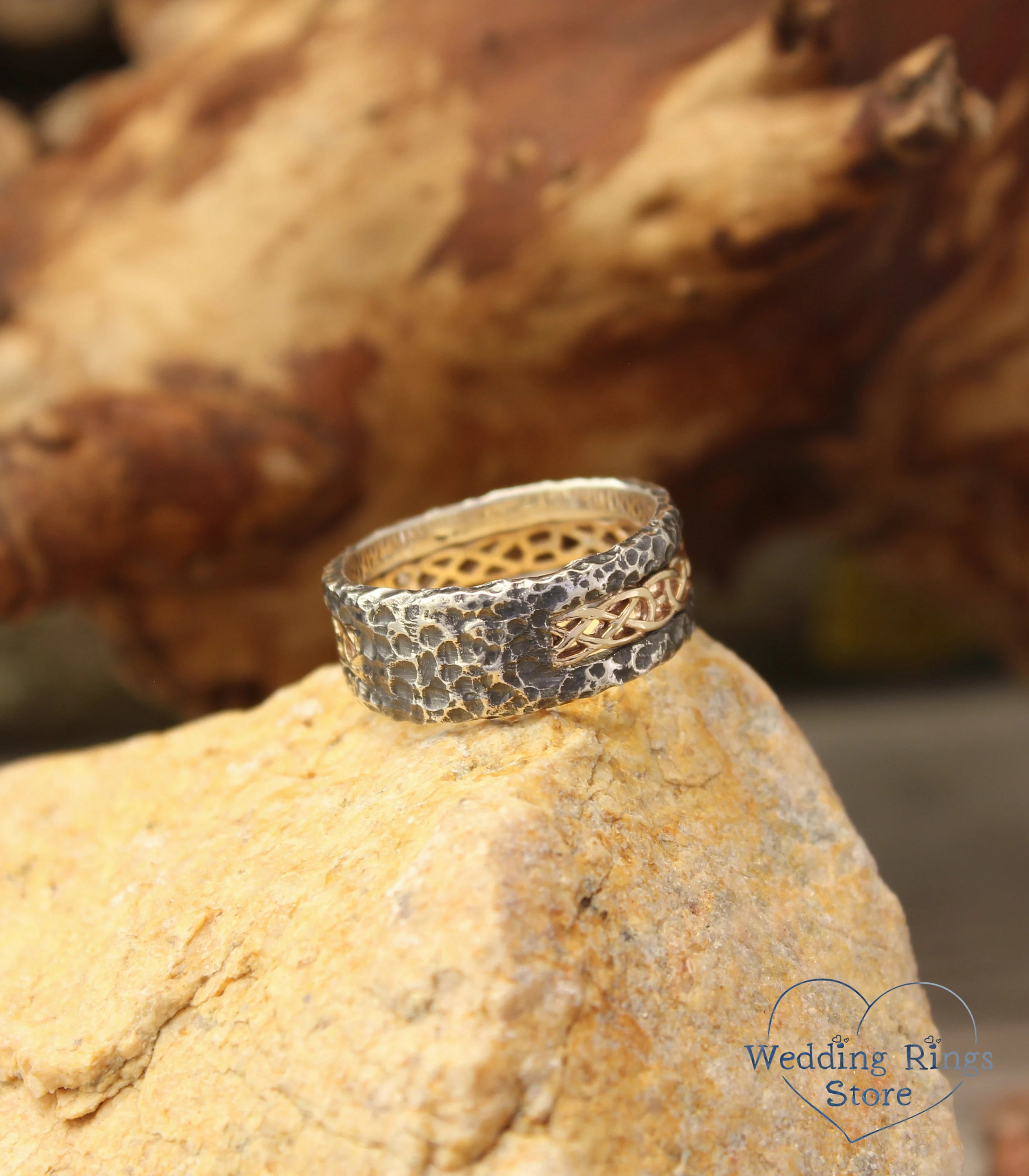 Gold Celtic pattern Hammered Silver Ring