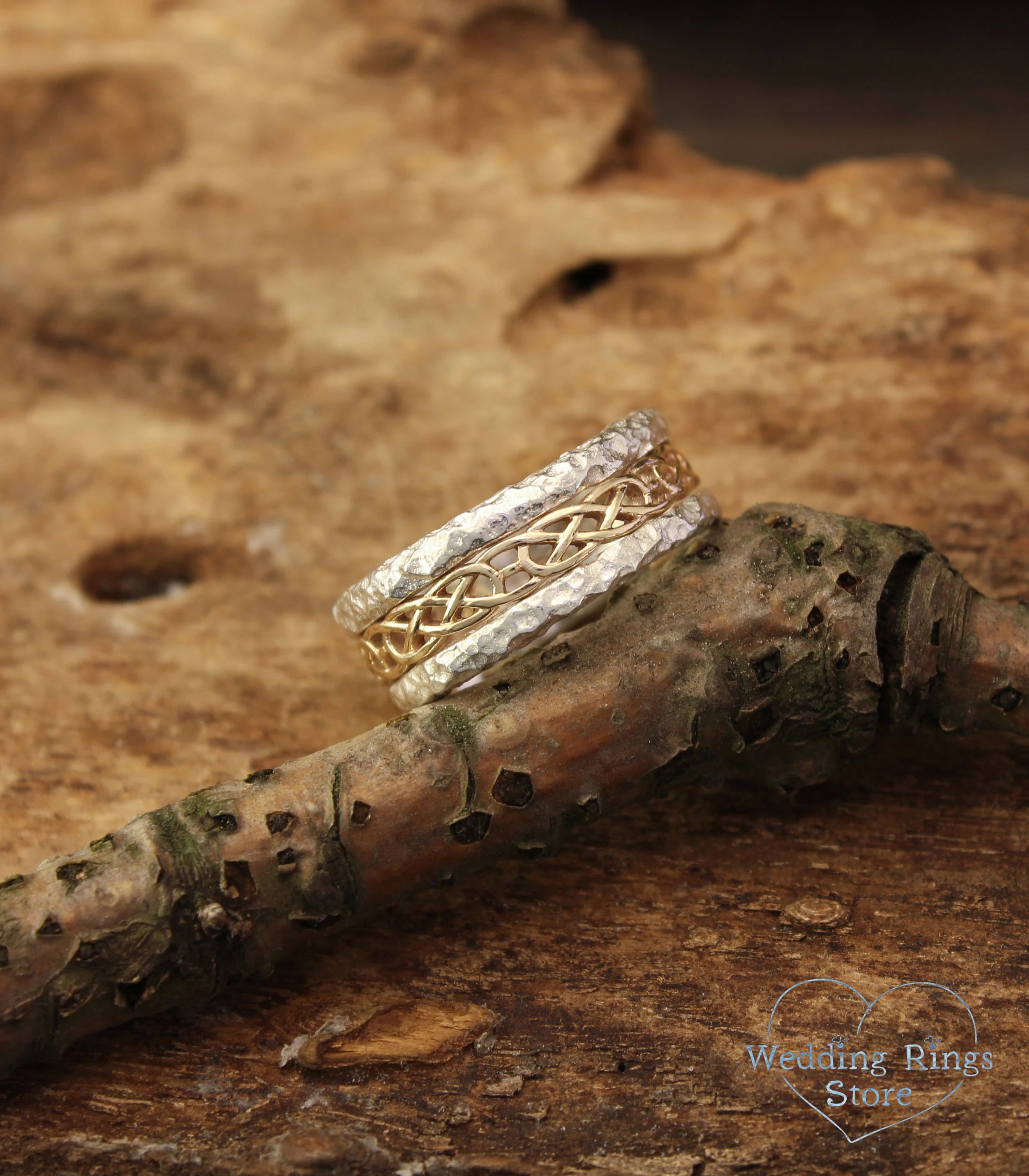 Gold Celtic pattern Hammered Silver Ring