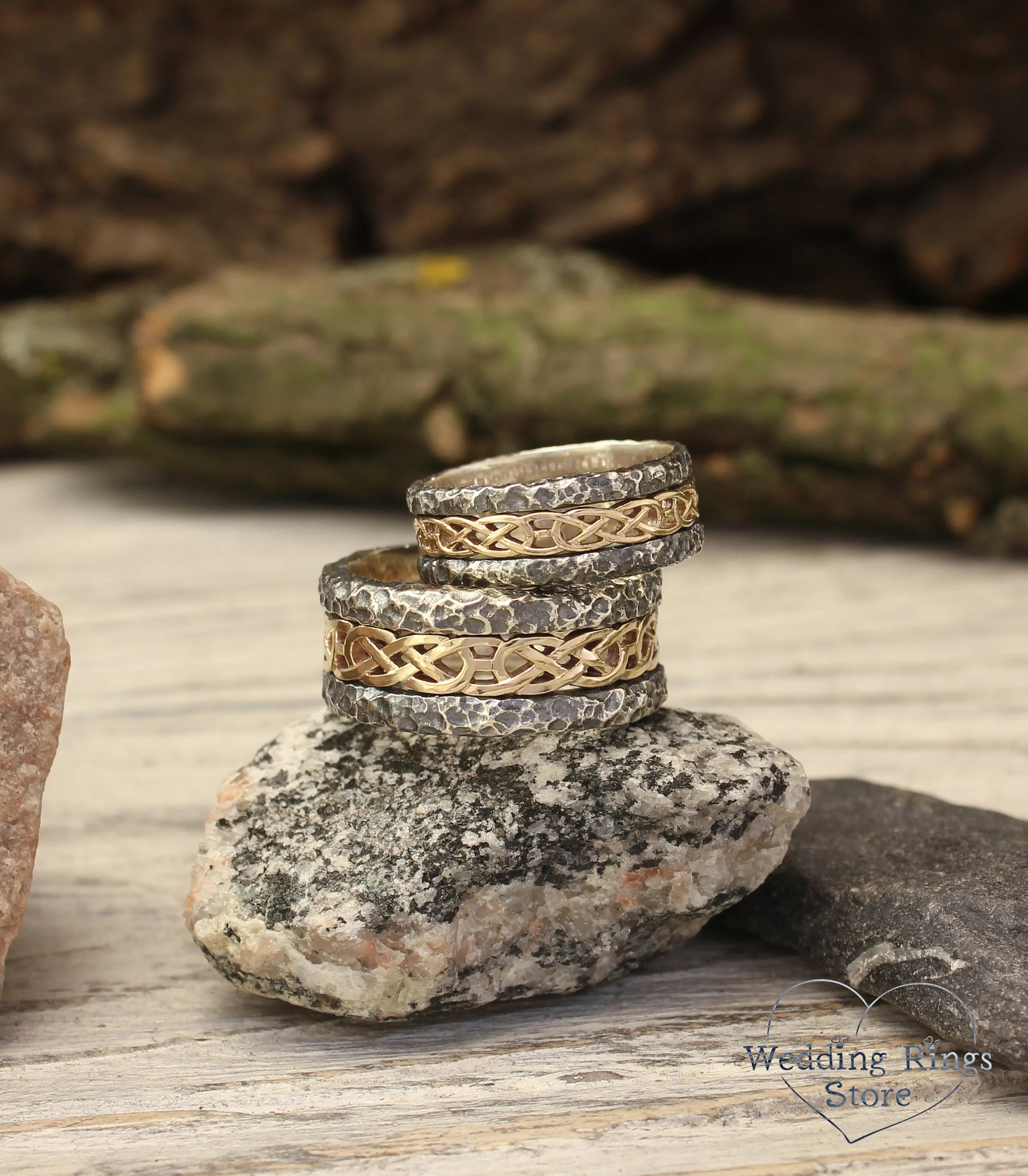 Silver & Gold Hammered Matching Celtic Rings Set