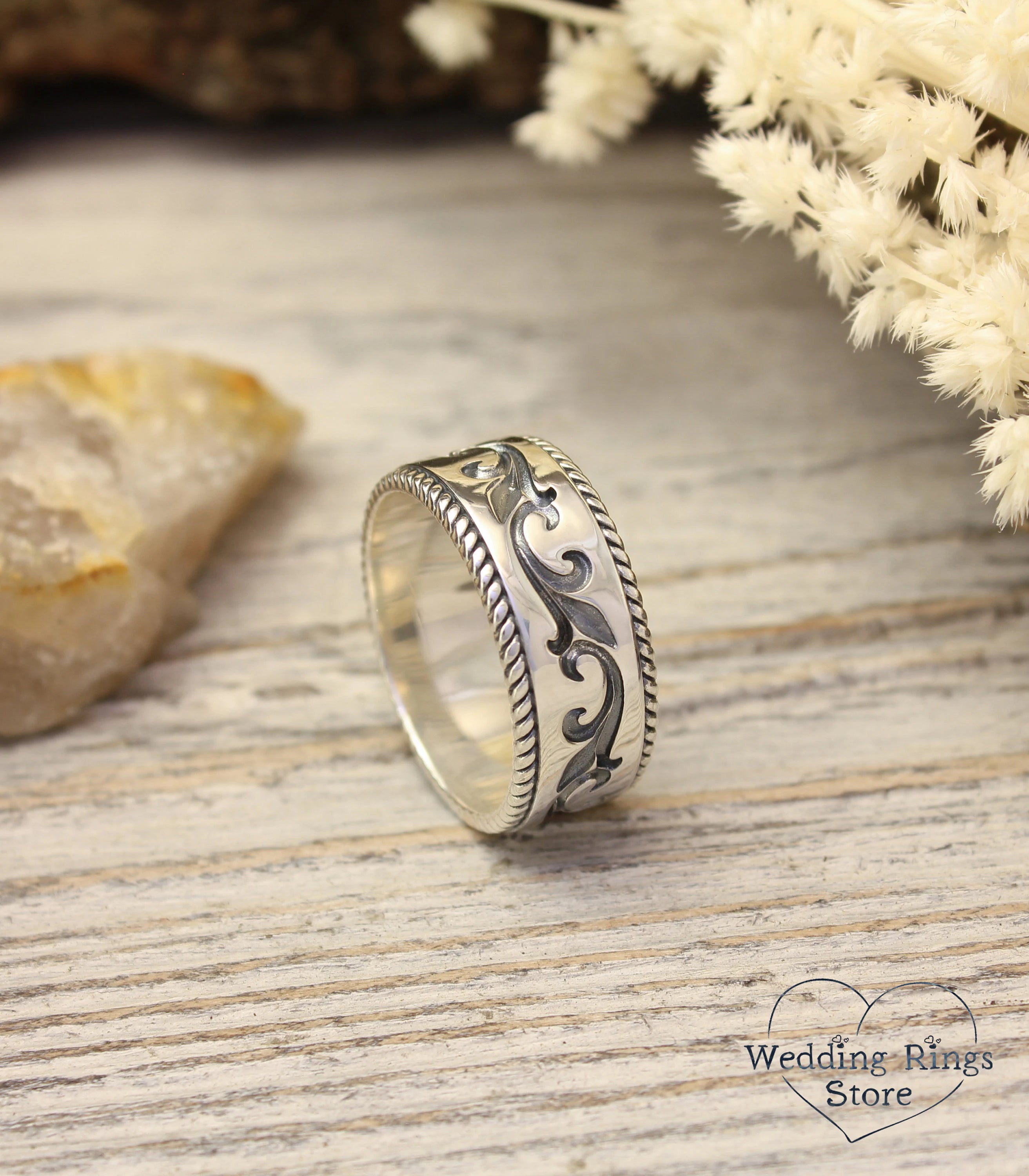 Durable Silver Vintage style Vine Ring — Unisex Massive Wedding Band