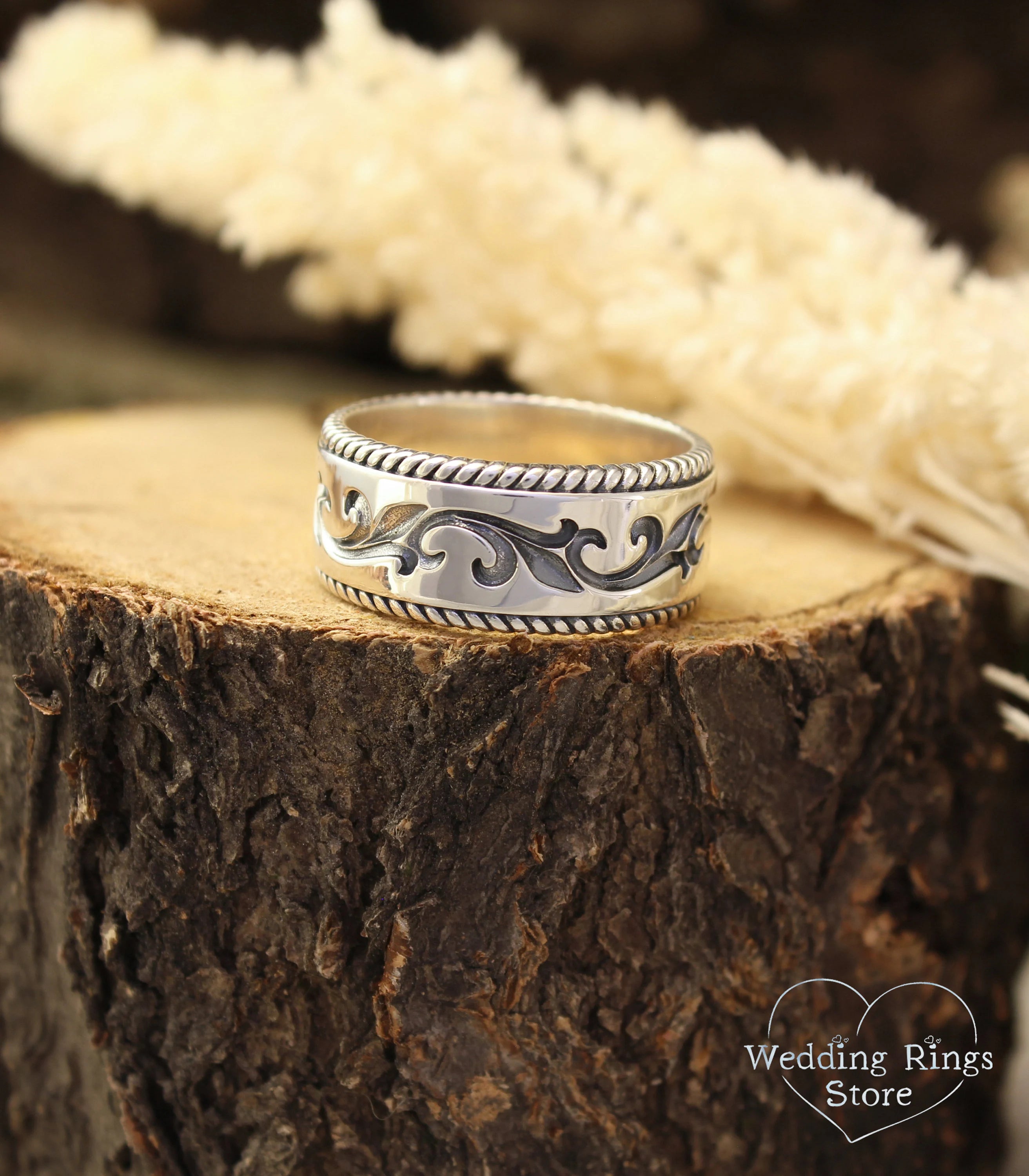 Durable Silver Vintage style Vine Ring — Unisex Massive Wedding Band