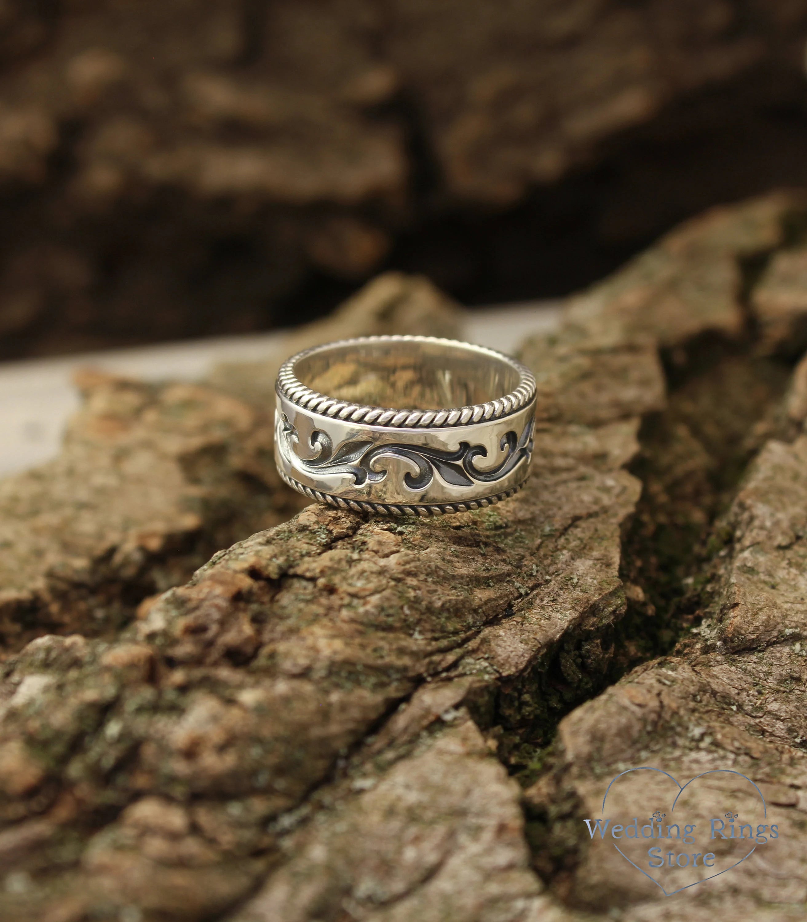 Durable Silver Vintage style Vine Ring — Unisex Massive Wedding Band