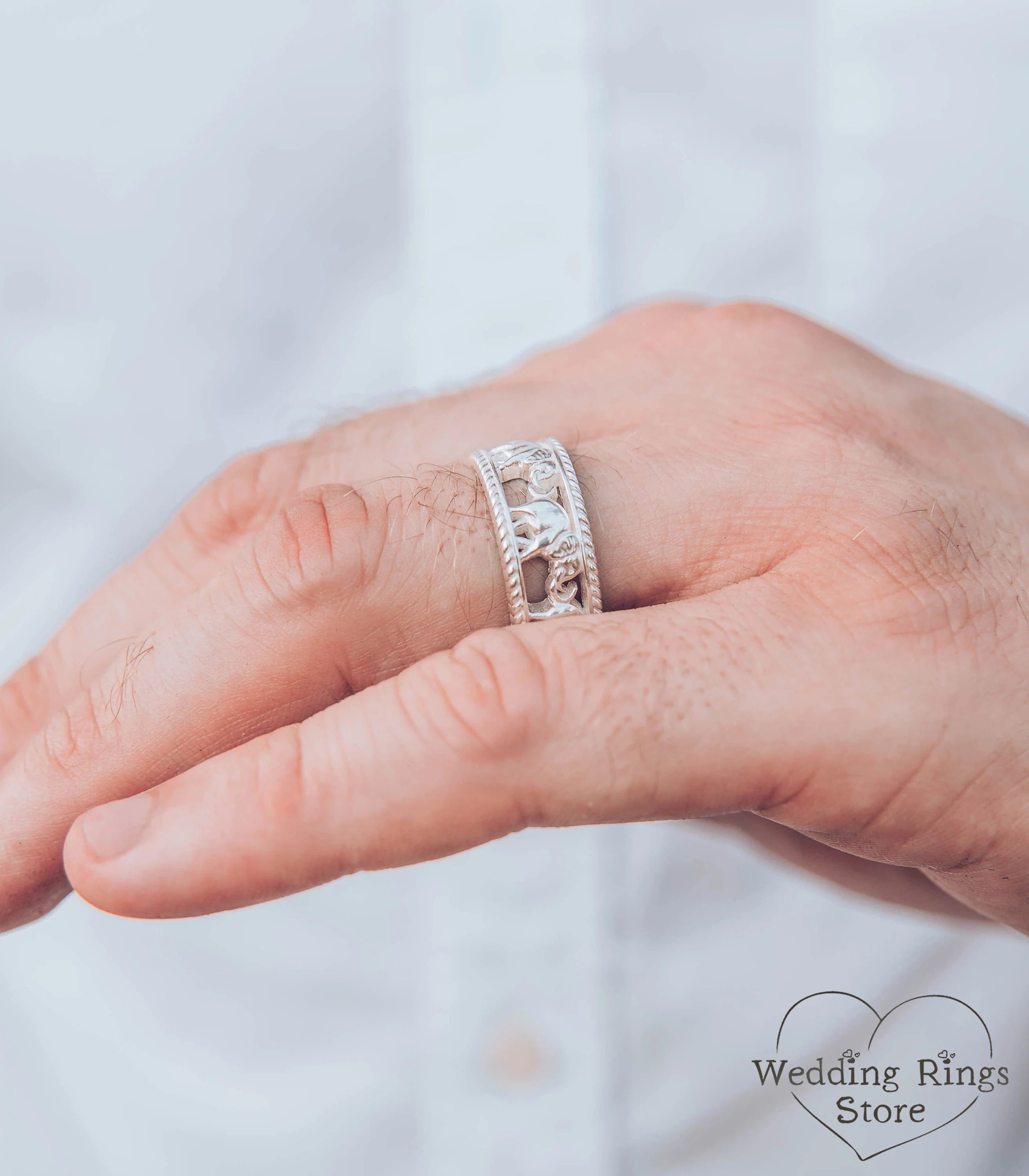 Elephant pattern Silver Ring and Unusual Animal Wedding Band