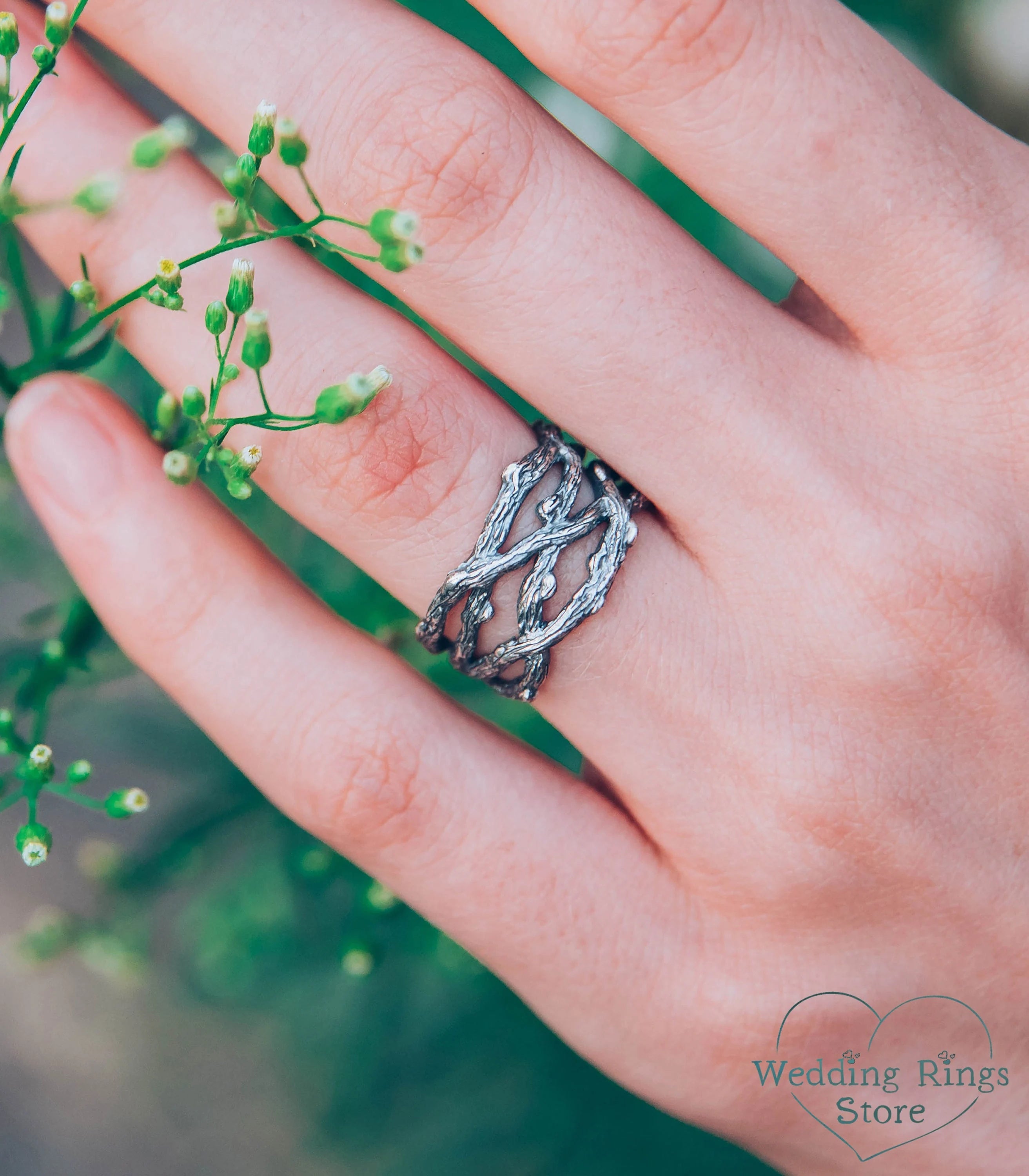 Intertwined Branches in Unique Women's Wide Silver Ring