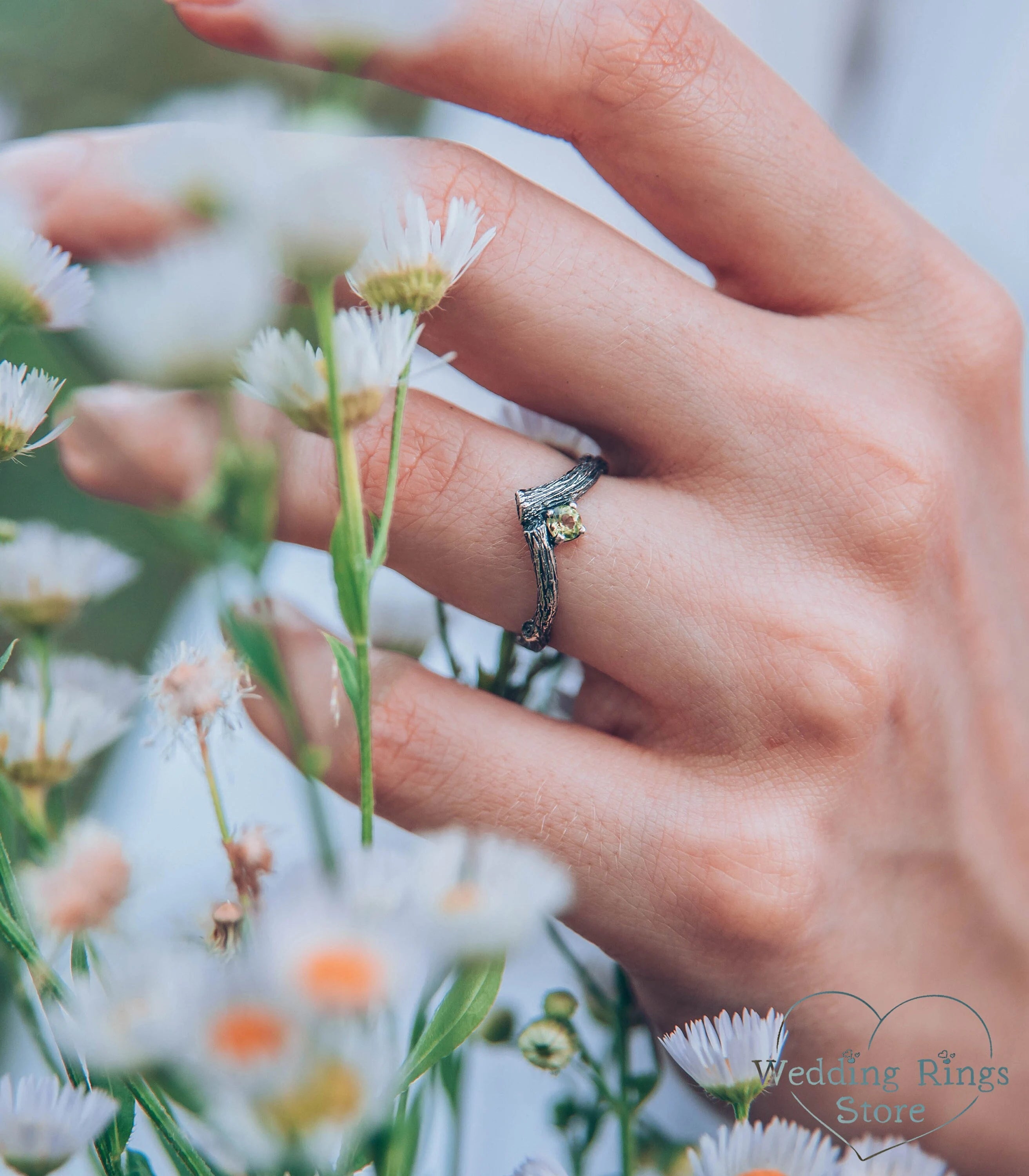 Tiny Twig Peridot Silver Chevron Engagement Ring