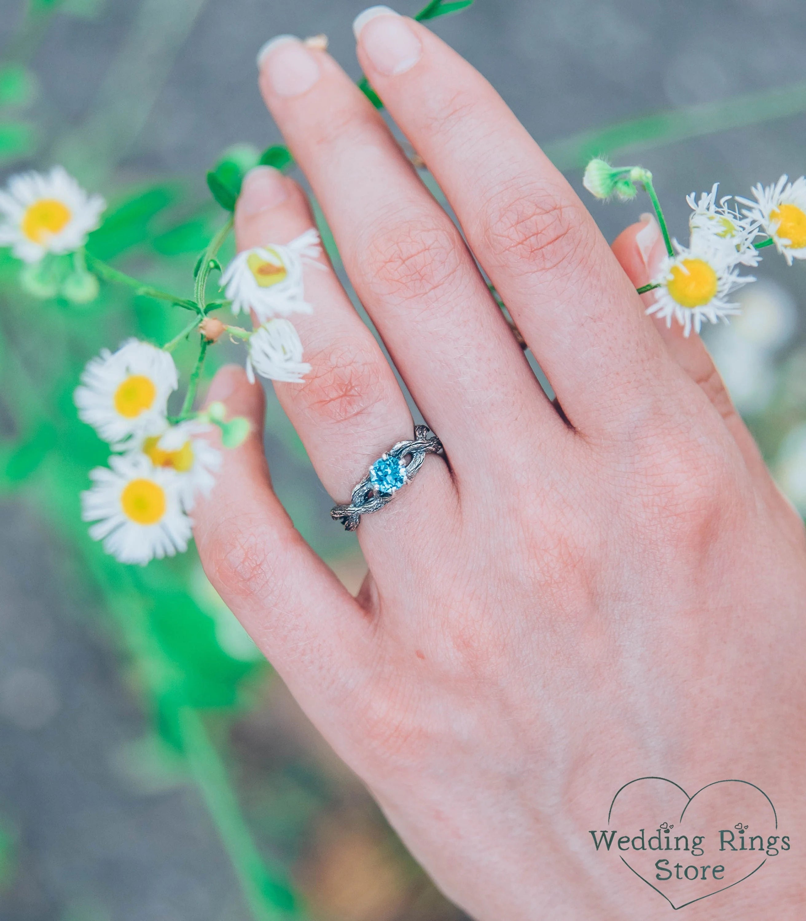 London blue Topaz Double twisted Branch Silver Ring