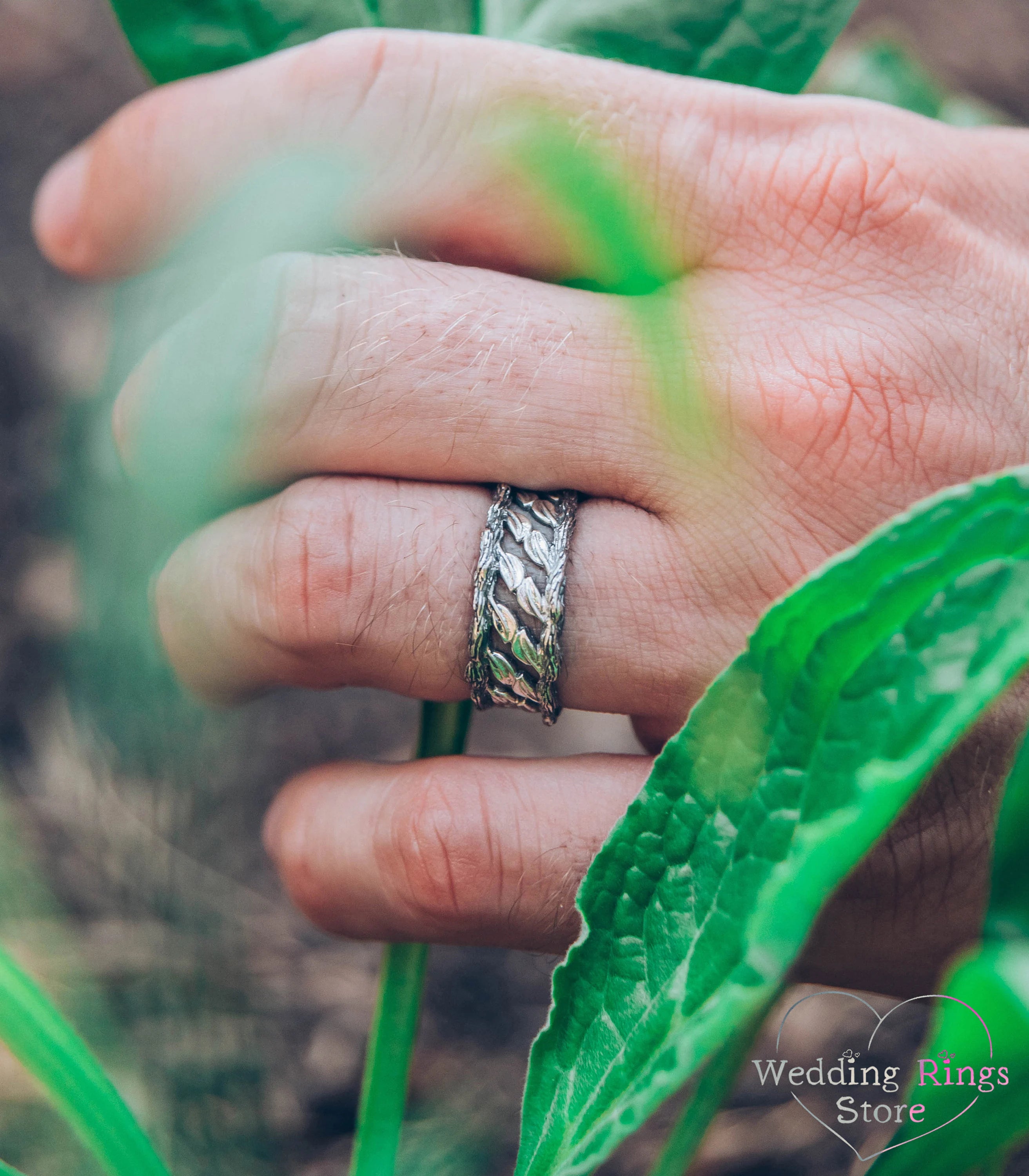 Tree & Leaf Wide Wedding Band for Him Sterling Silver