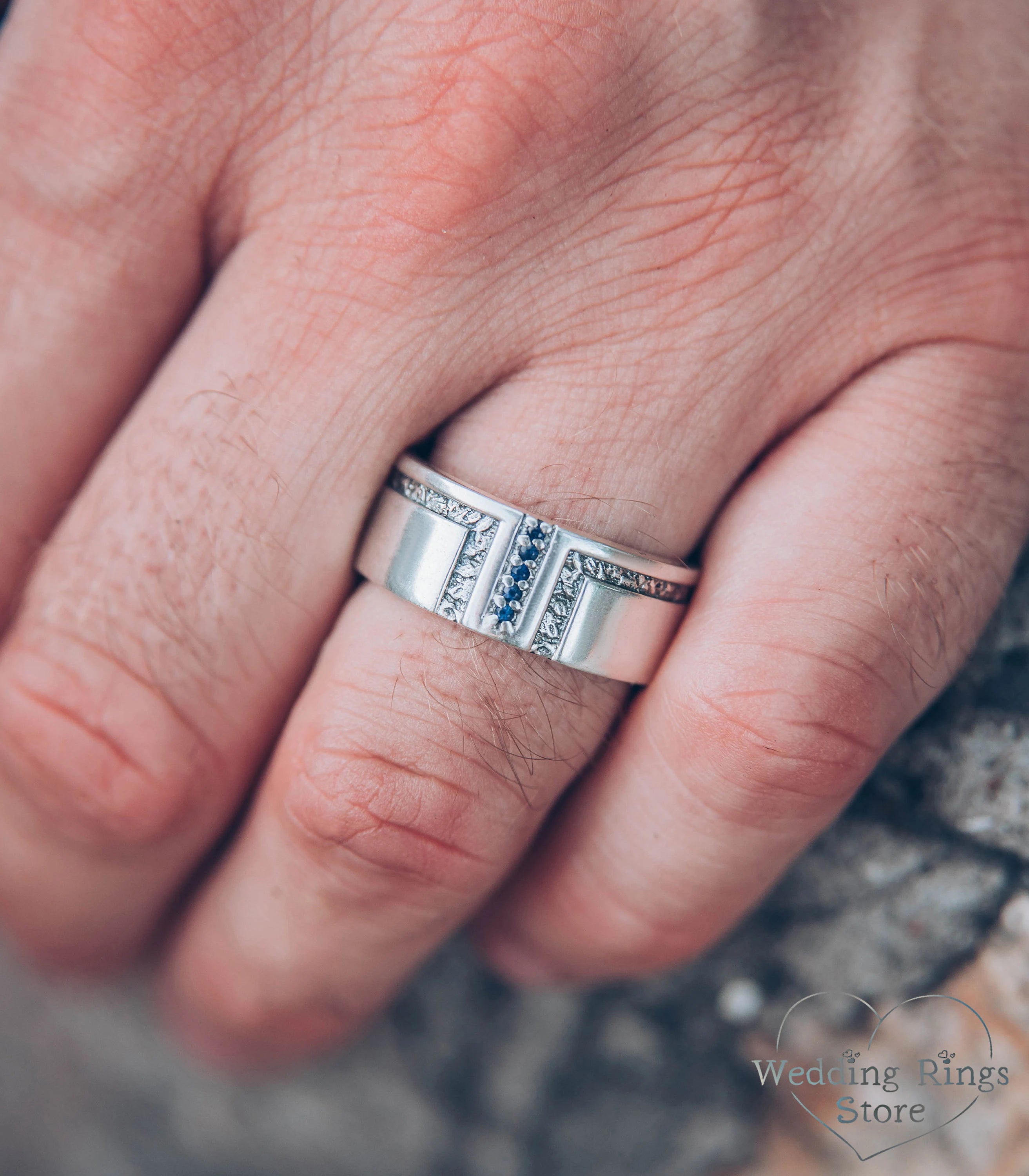 Men's Sapphire Wedding Band Heavy Sterling Silver