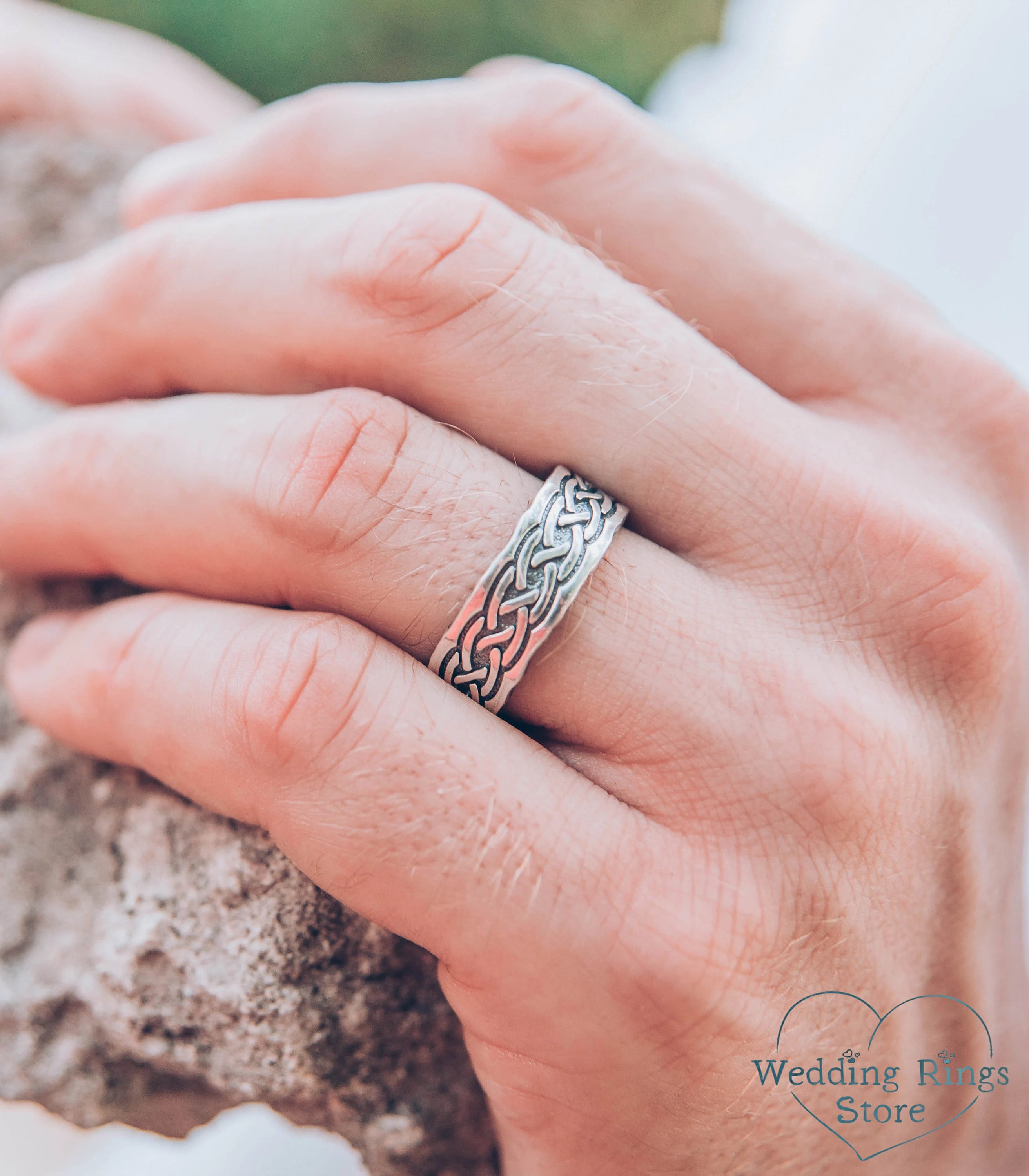 Wide Silver Celtic Knot Wedding Band in Vintage style