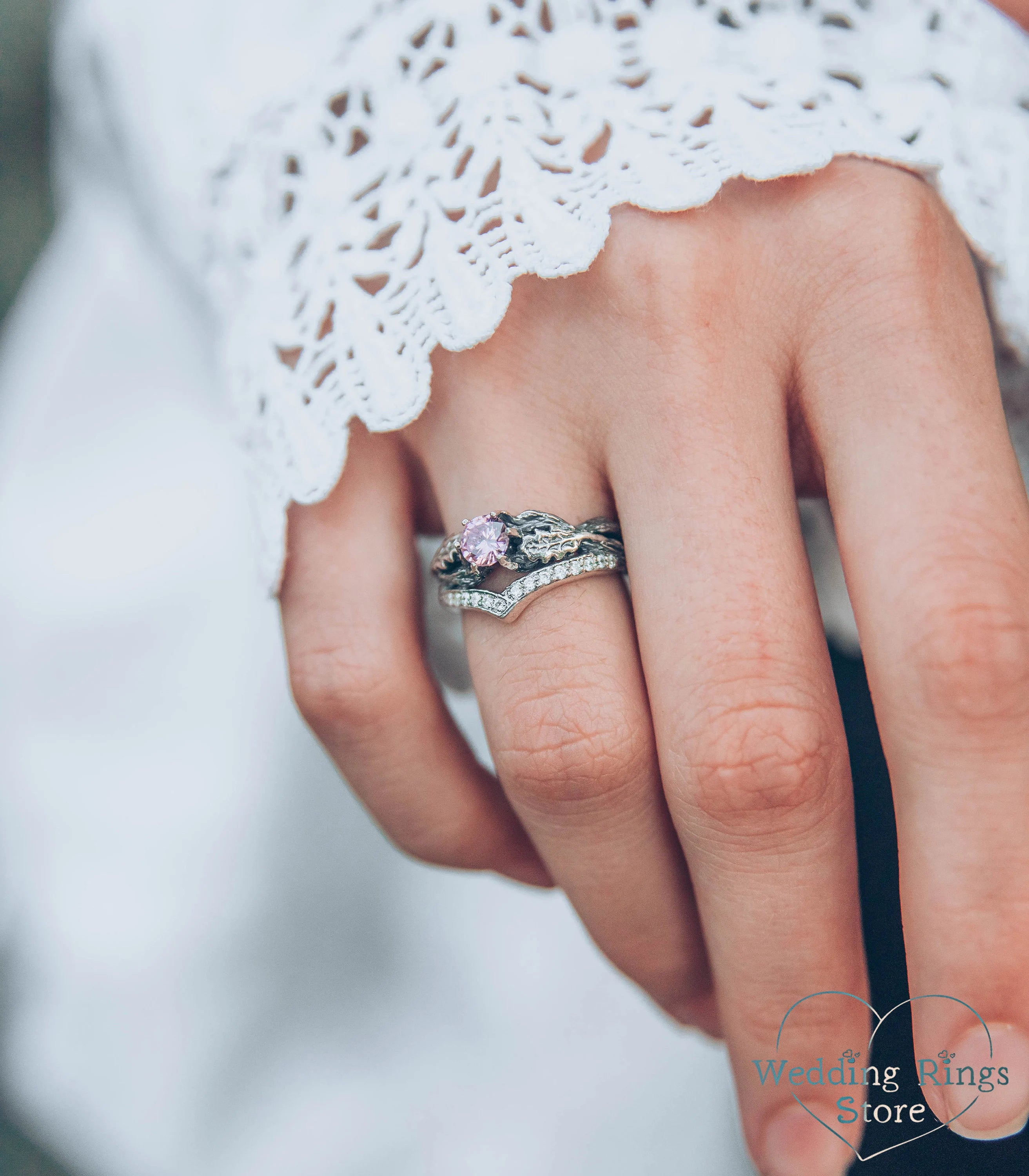 Oak Leaves Twig Chevron Engagement Ring Pink Tourmaline