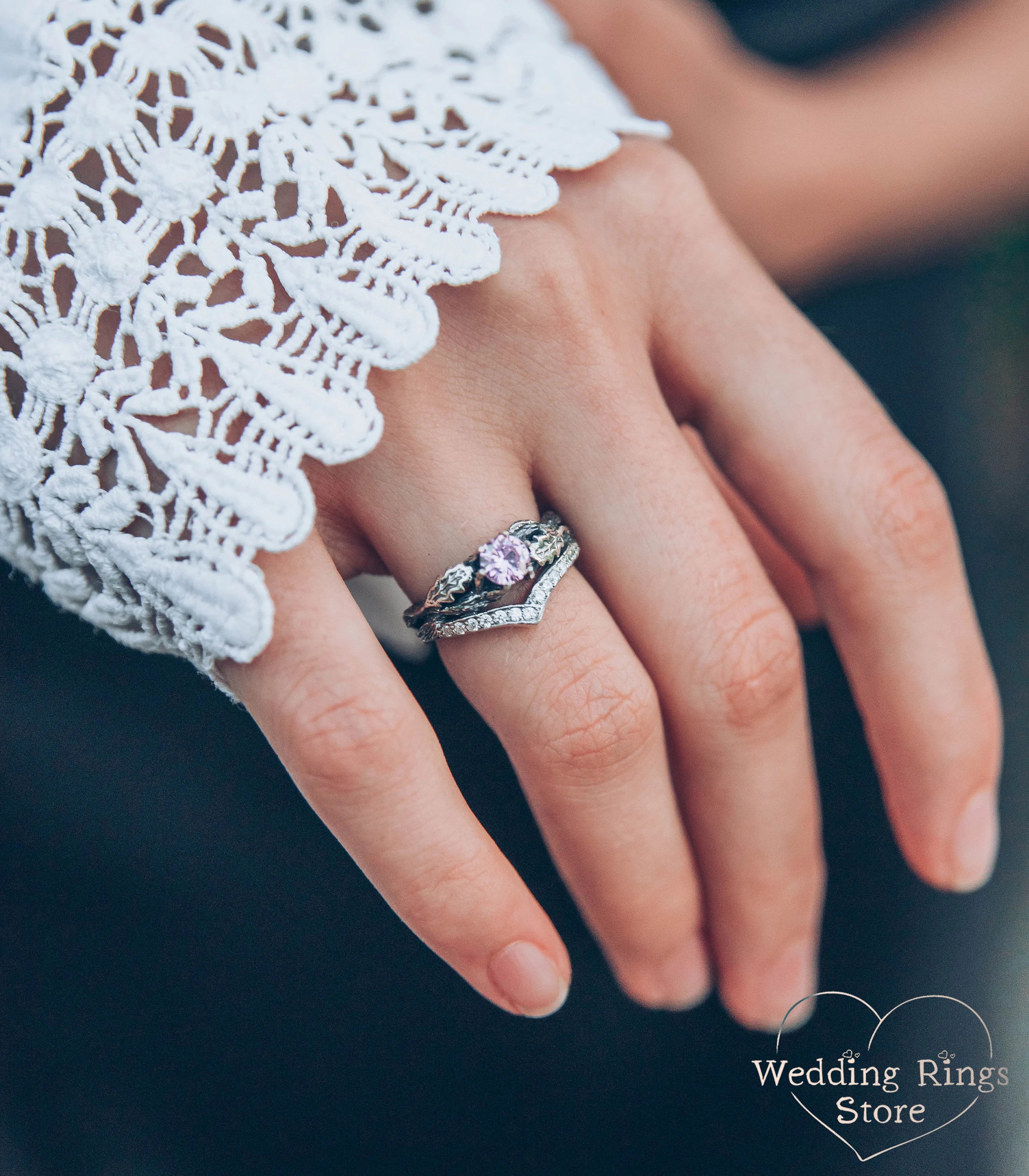 Oak Leaves Twig Chevron Engagement Ring Pink Tourmaline