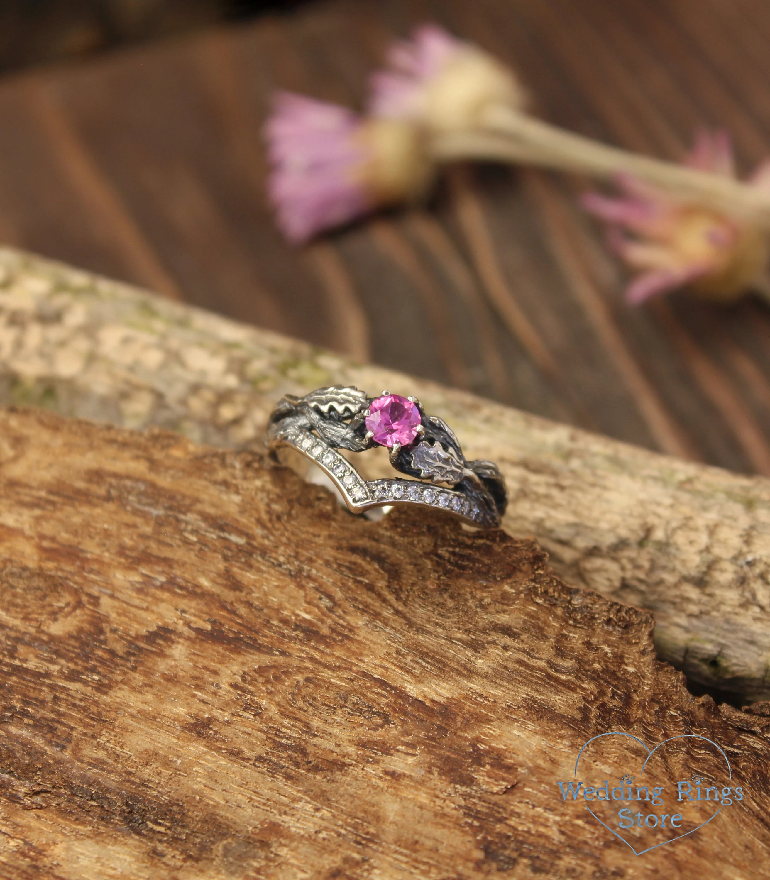 Oak Leaves Twig Chevron Engagement Ring Pink Tourmaline