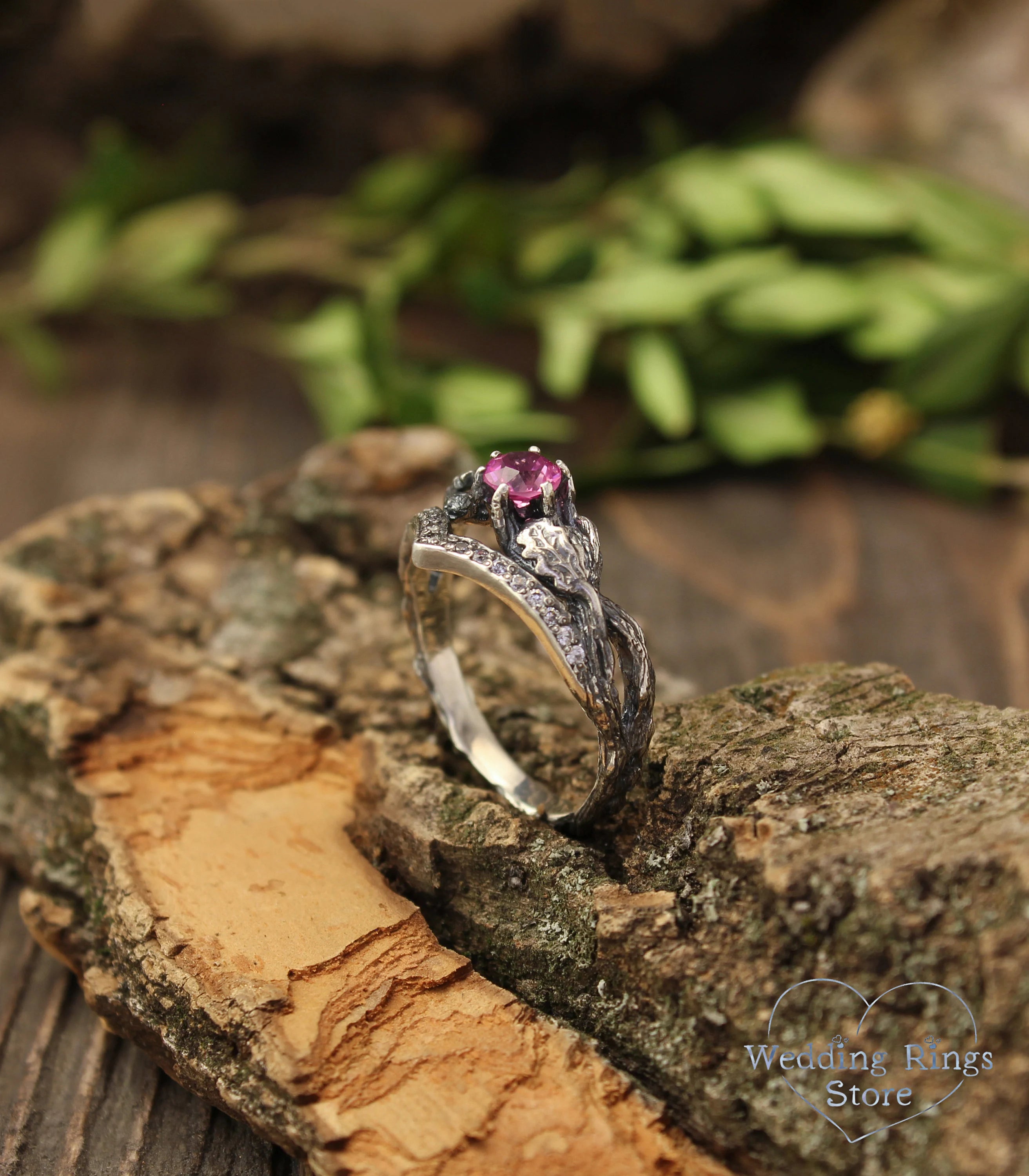 Oak Leaves Twig Chevron Engagement Ring Pink Tourmaline