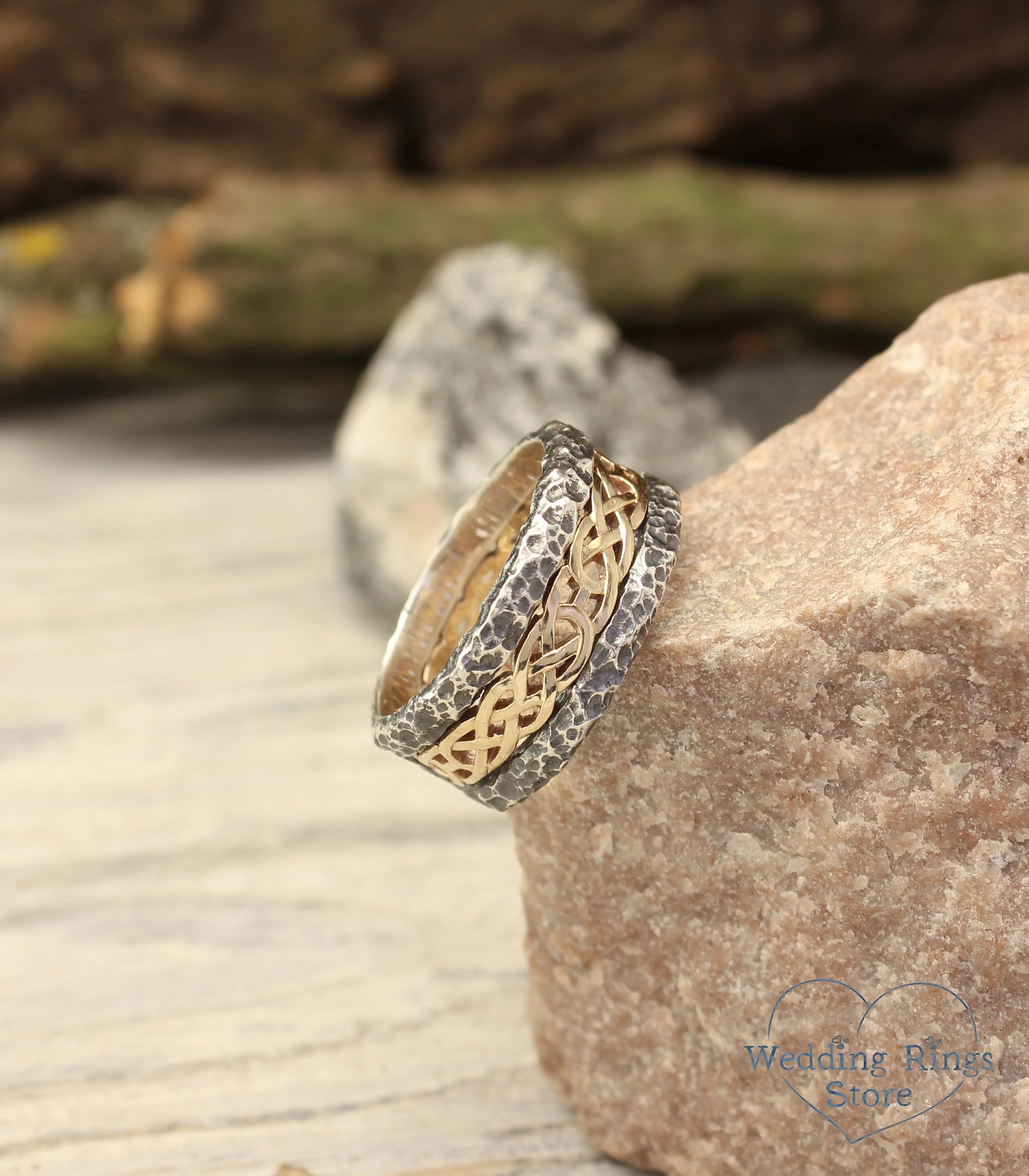 Rocky Hammered durable Silver Band with gold celtic pattern