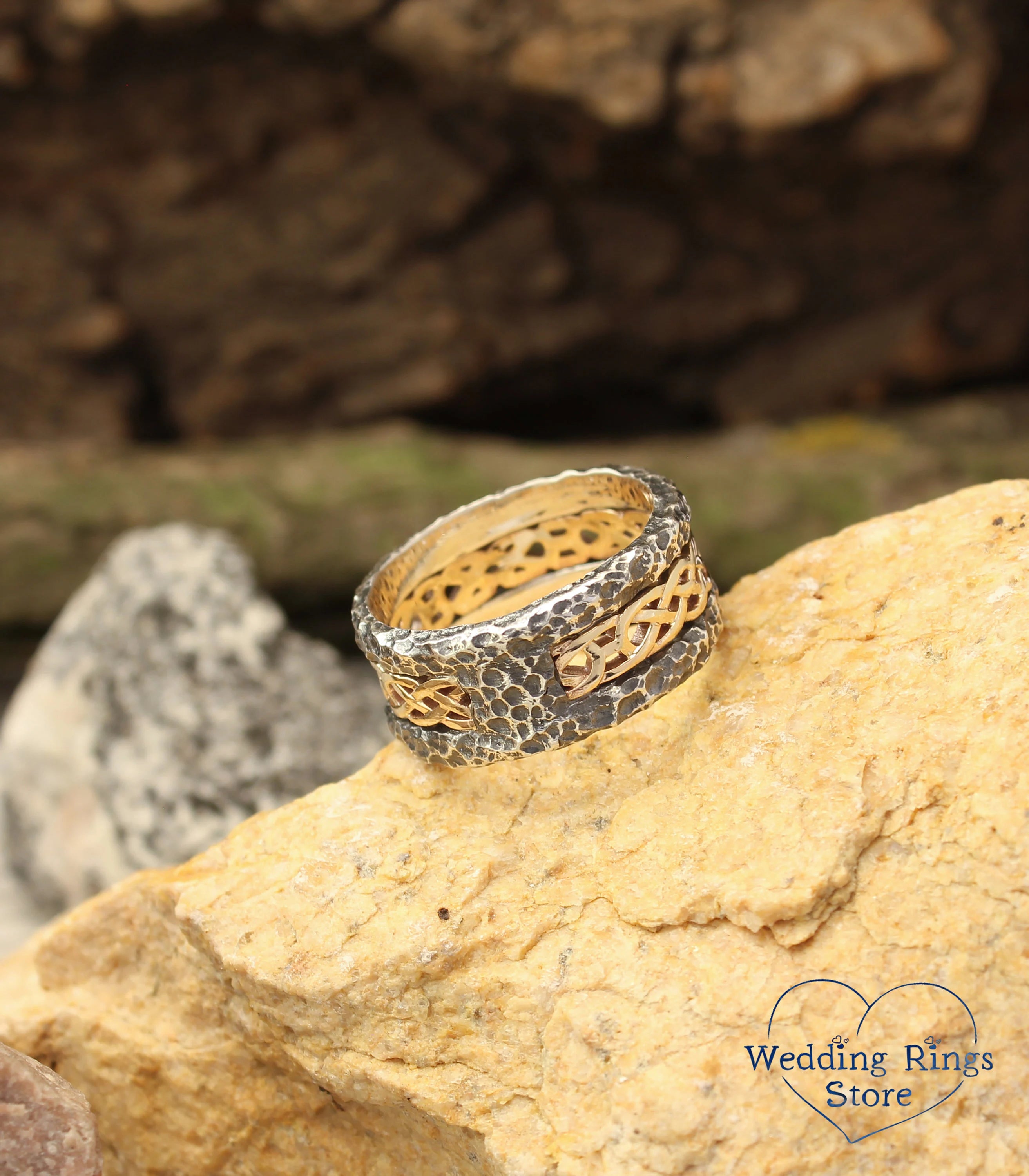 Rocky Hammered durable Silver Band with gold celtic pattern