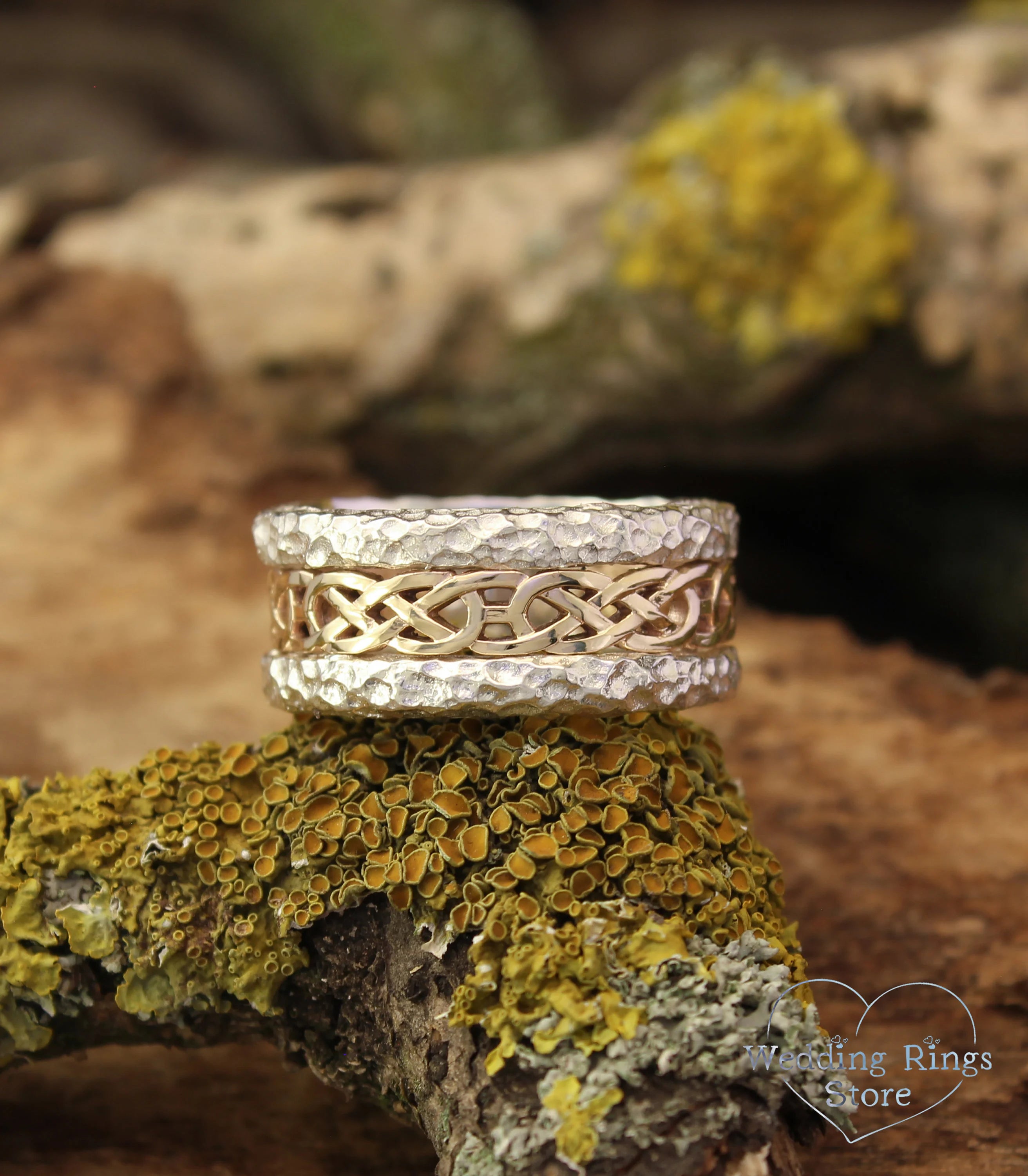 Rocky Hammered durable Silver Band with gold celtic pattern